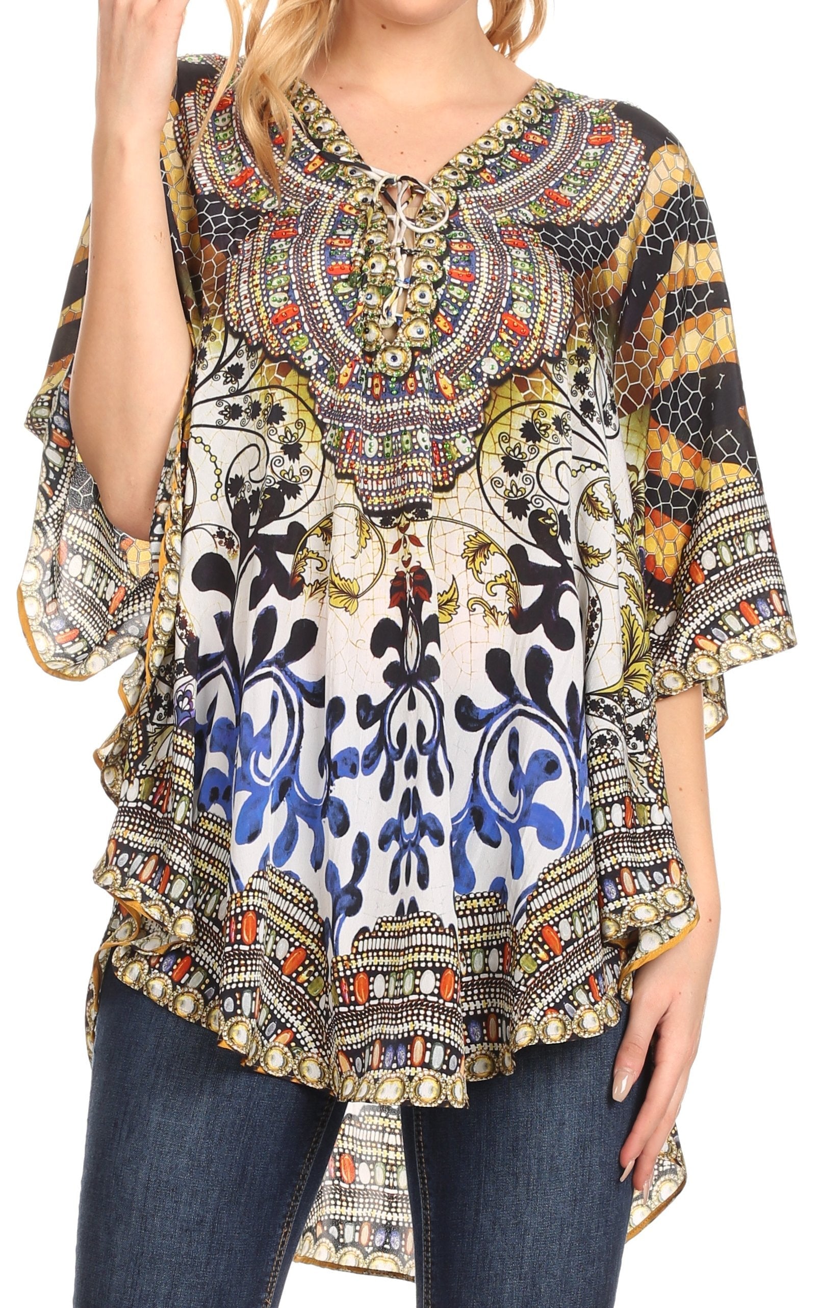 Sakkas - Tallulah Wide Circle Blouse V Neck Top With Tassle Ties And Rhinestones