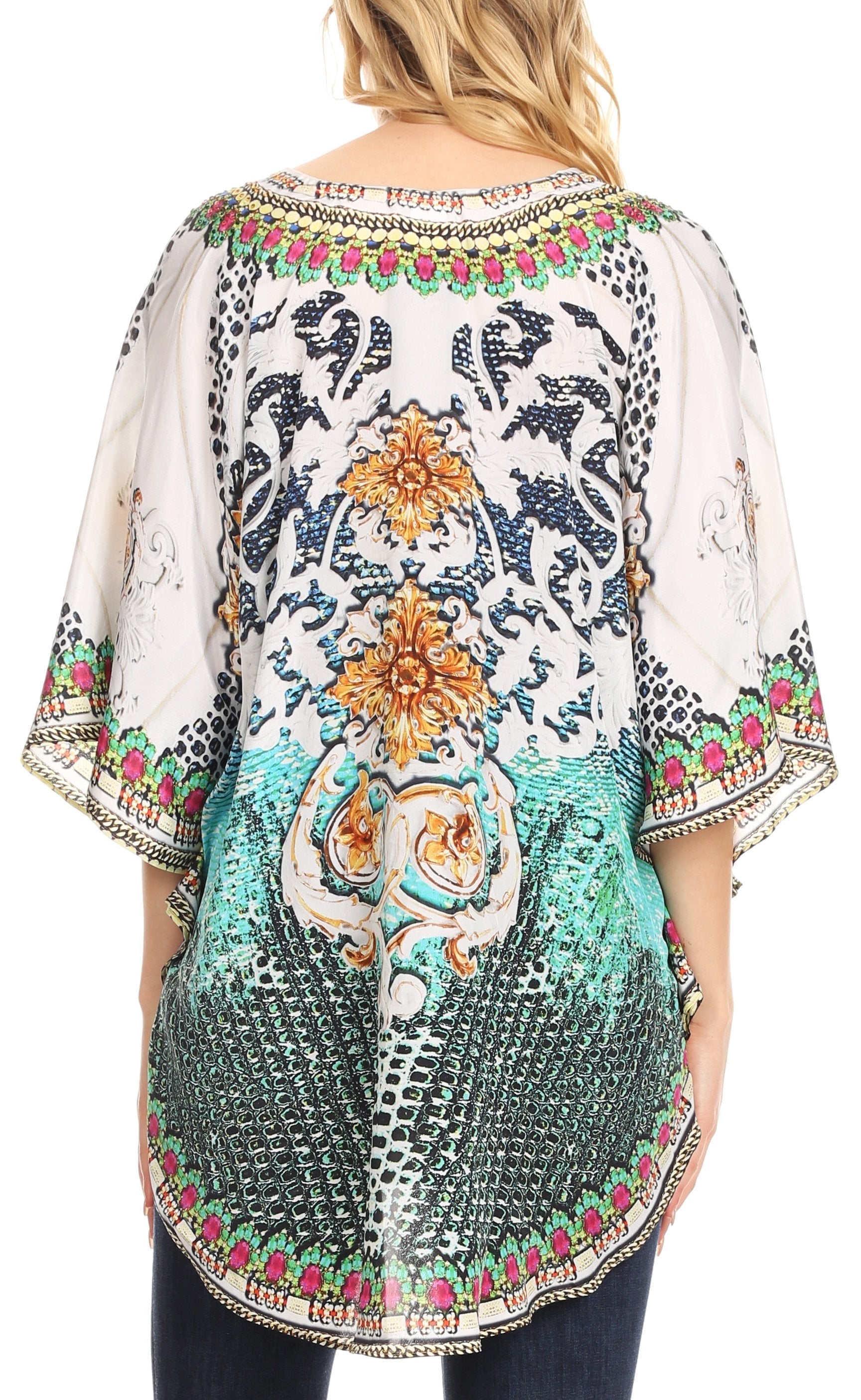 Sakkas - Tallulah Wide Circle Blouse V Neck Top With Tassle Ties And Rhinestones