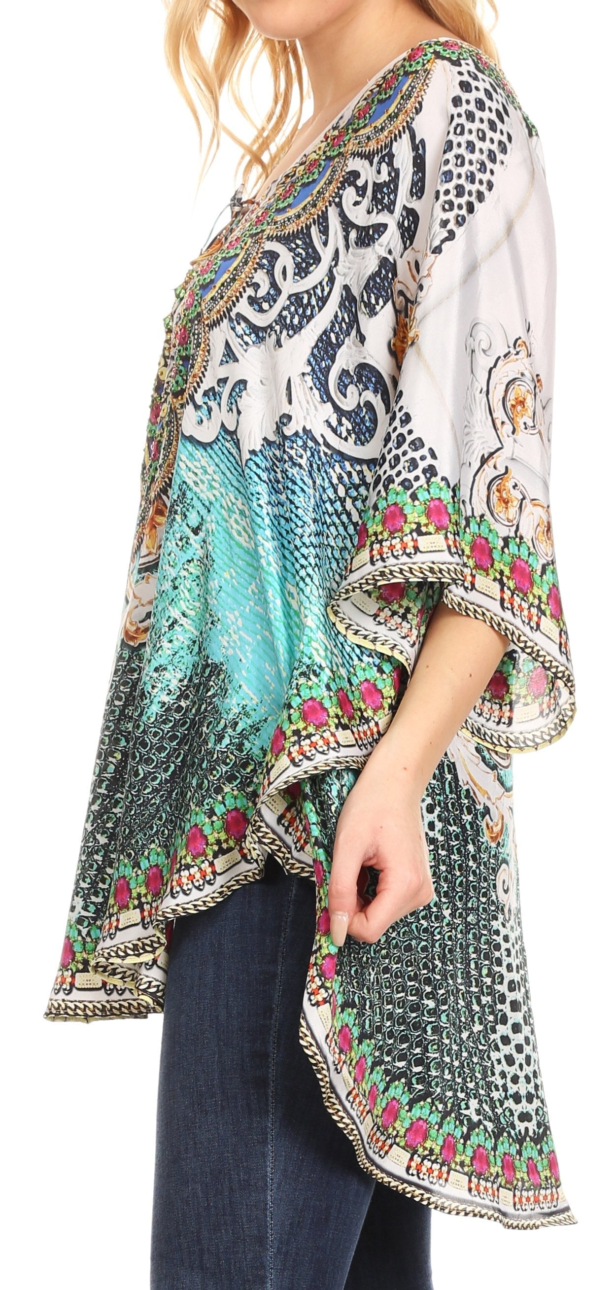 Sakkas - Tallulah Wide Circle Blouse V Neck Top With Tassle Ties And Rhinestones