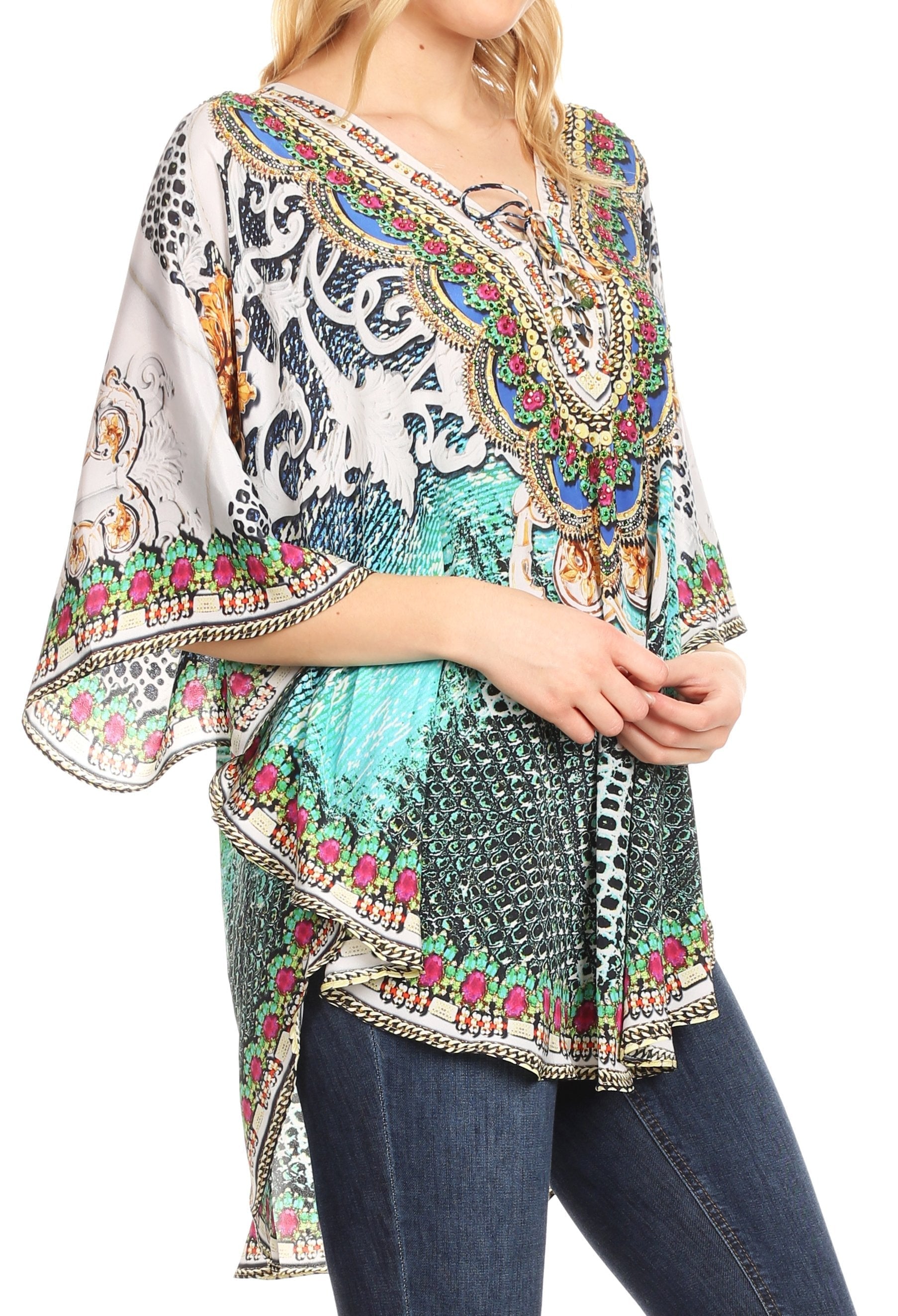 Sakkas - Tallulah Wide Circle Blouse V Neck Top With Tassle Ties And Rhinestones
