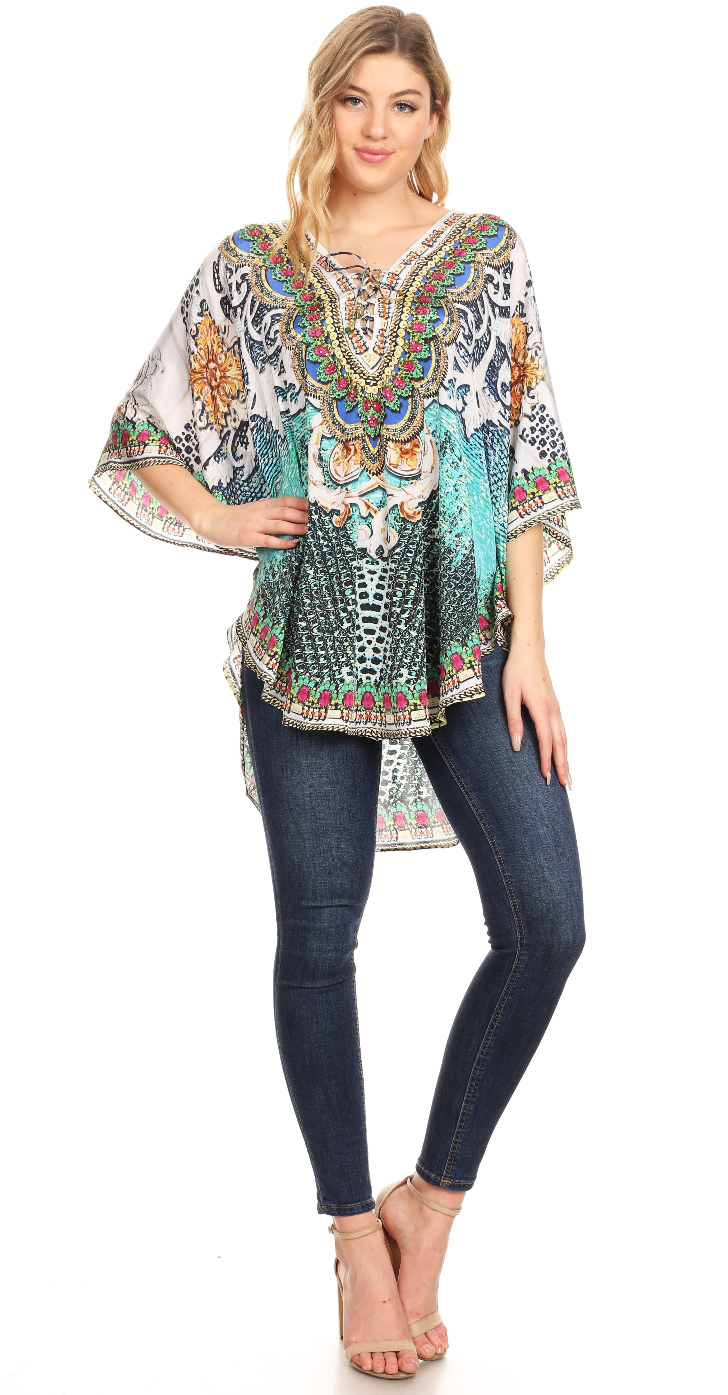 Sakkas - Tallulah Wide Circle Blouse V Neck Top With Tassle Ties And Rhinestones
