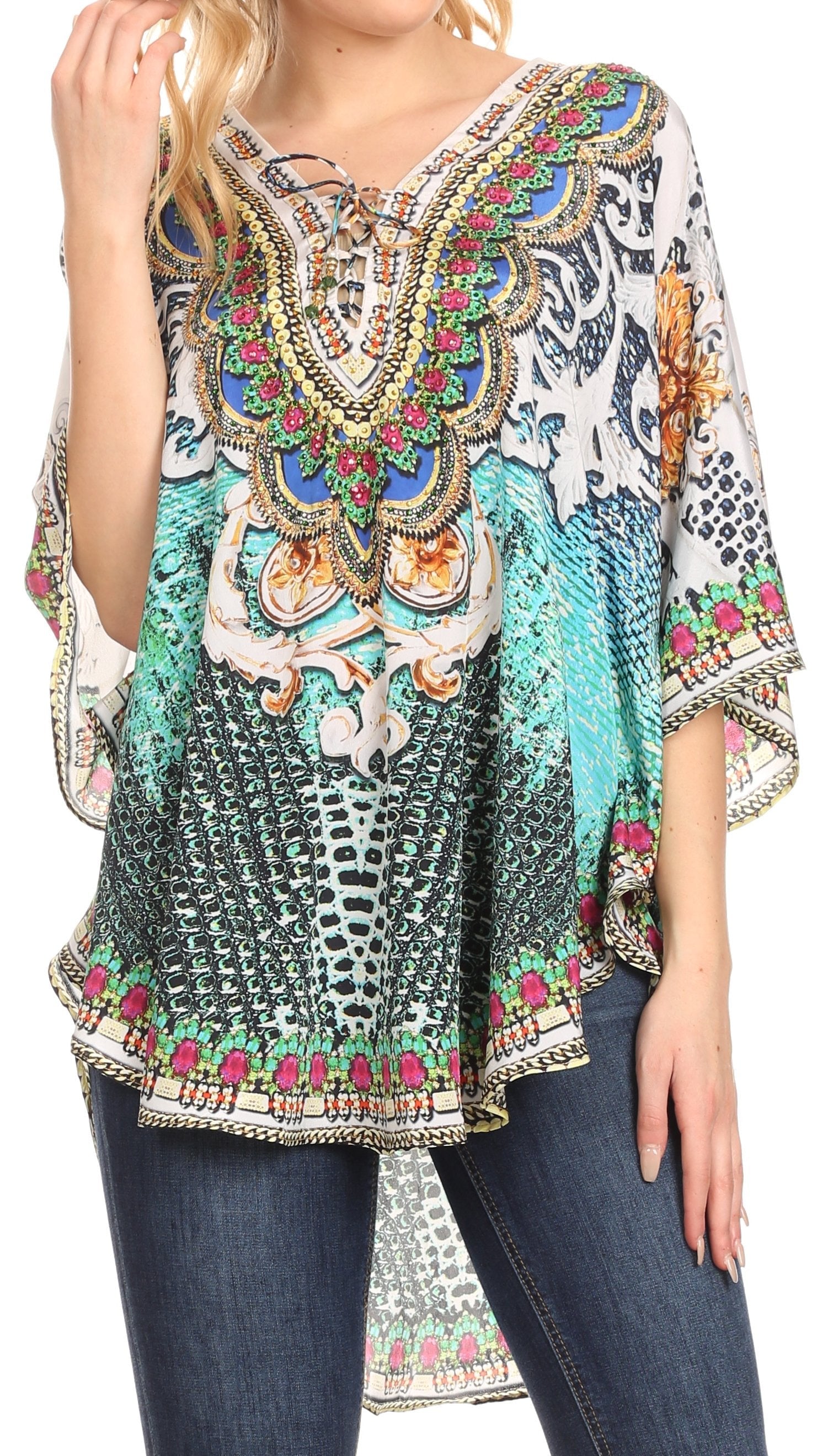 Sakkas - Tallulah Wide Circle Blouse V Neck Top With Tassle Ties And Rhinestones