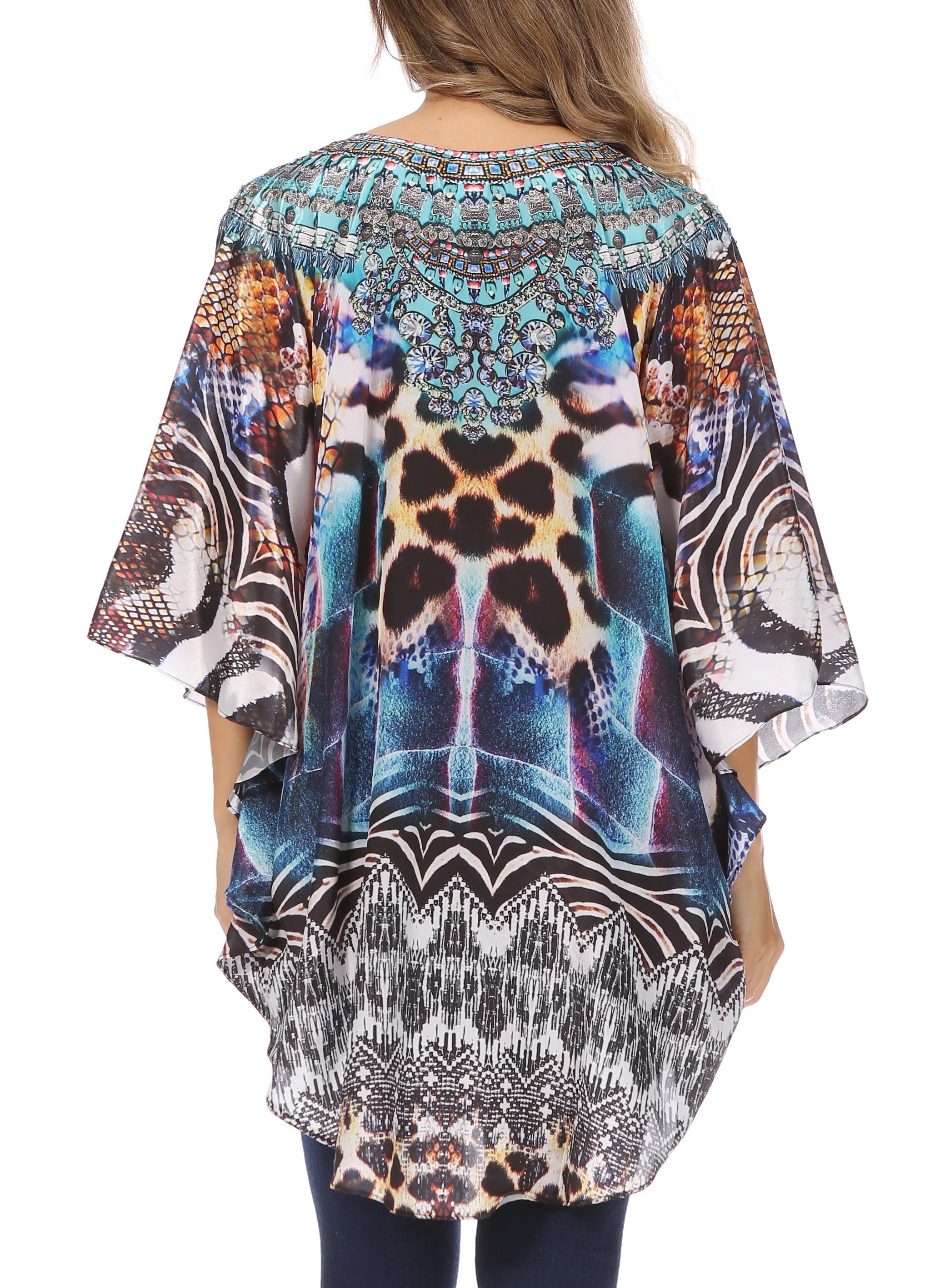 Sakkas - Tallulah Wide Circle Blouse V Neck Top With Tassle Ties And Rhinestones