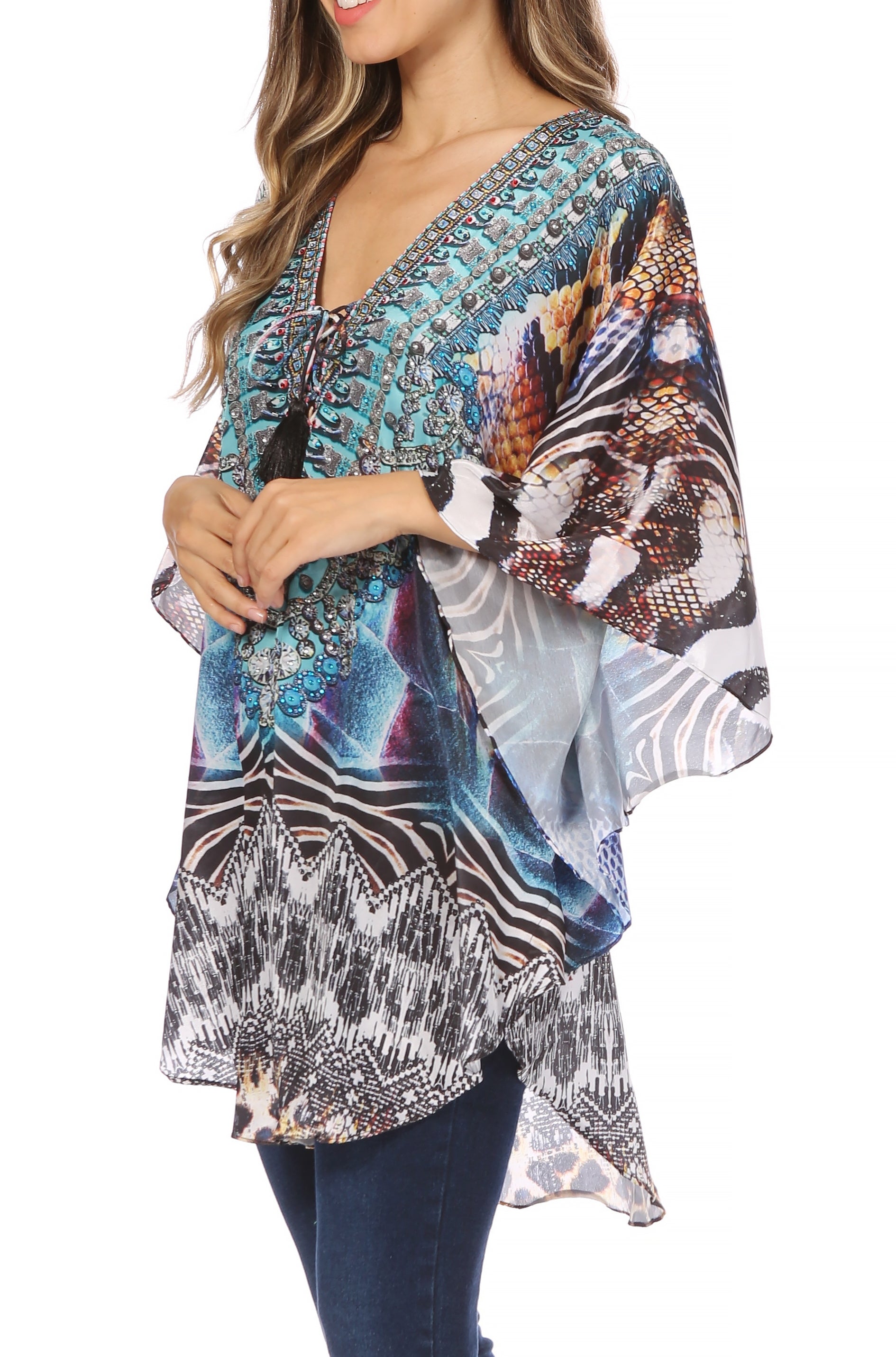 Sakkas - Tallulah Wide Circle Blouse V Neck Top With Tassle Ties And Rhinestones