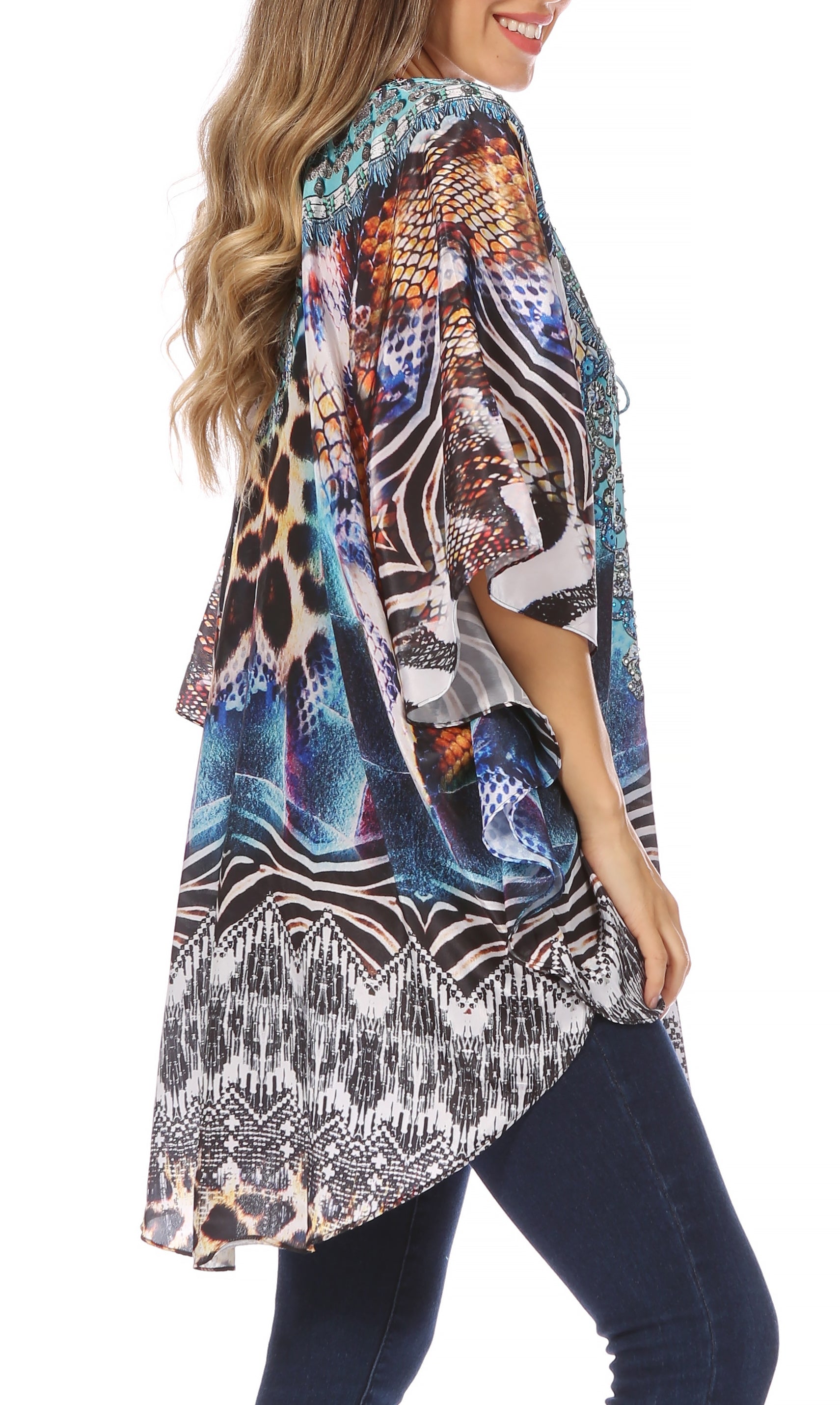 Sakkas - Tallulah Wide Circle Blouse V Neck Top With Tassle Ties And Rhinestones