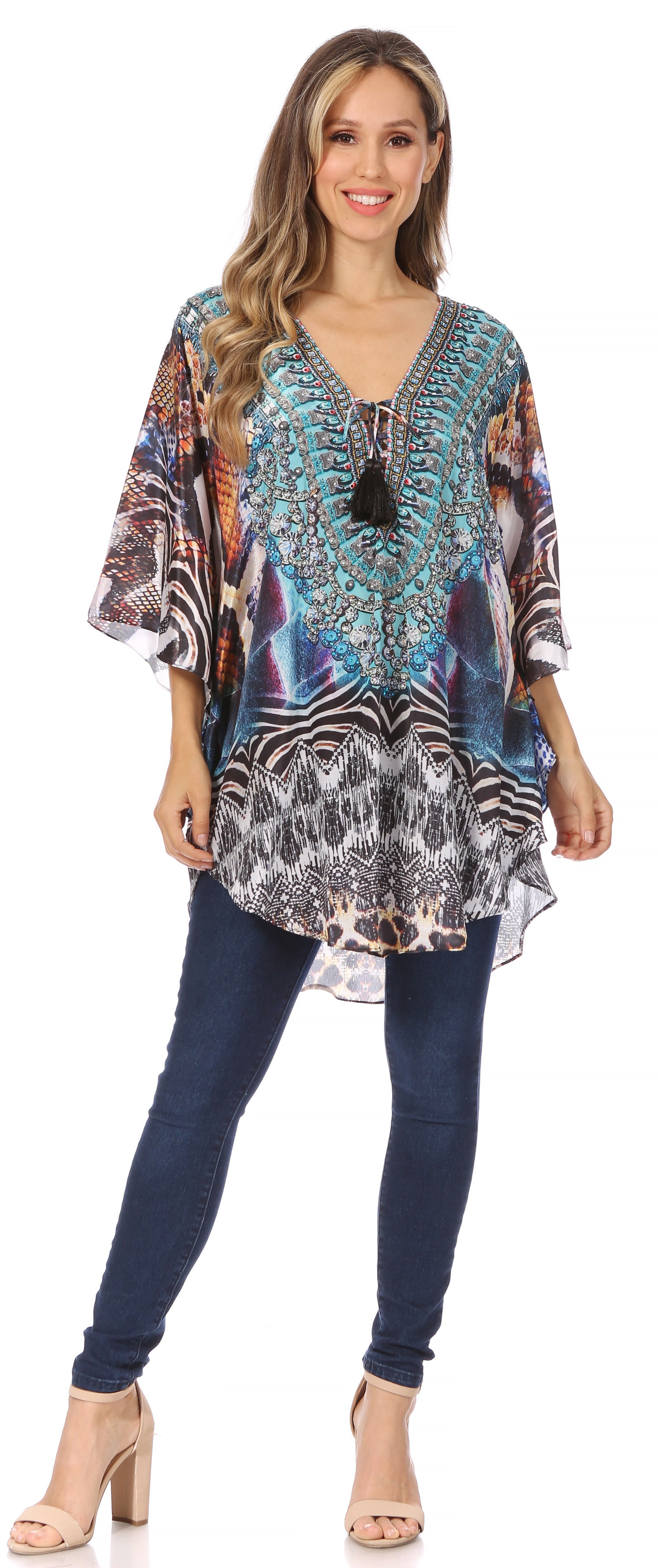 Sakkas - Tallulah Wide Circle Blouse V Neck Top With Tassle Ties And Rhinestones
