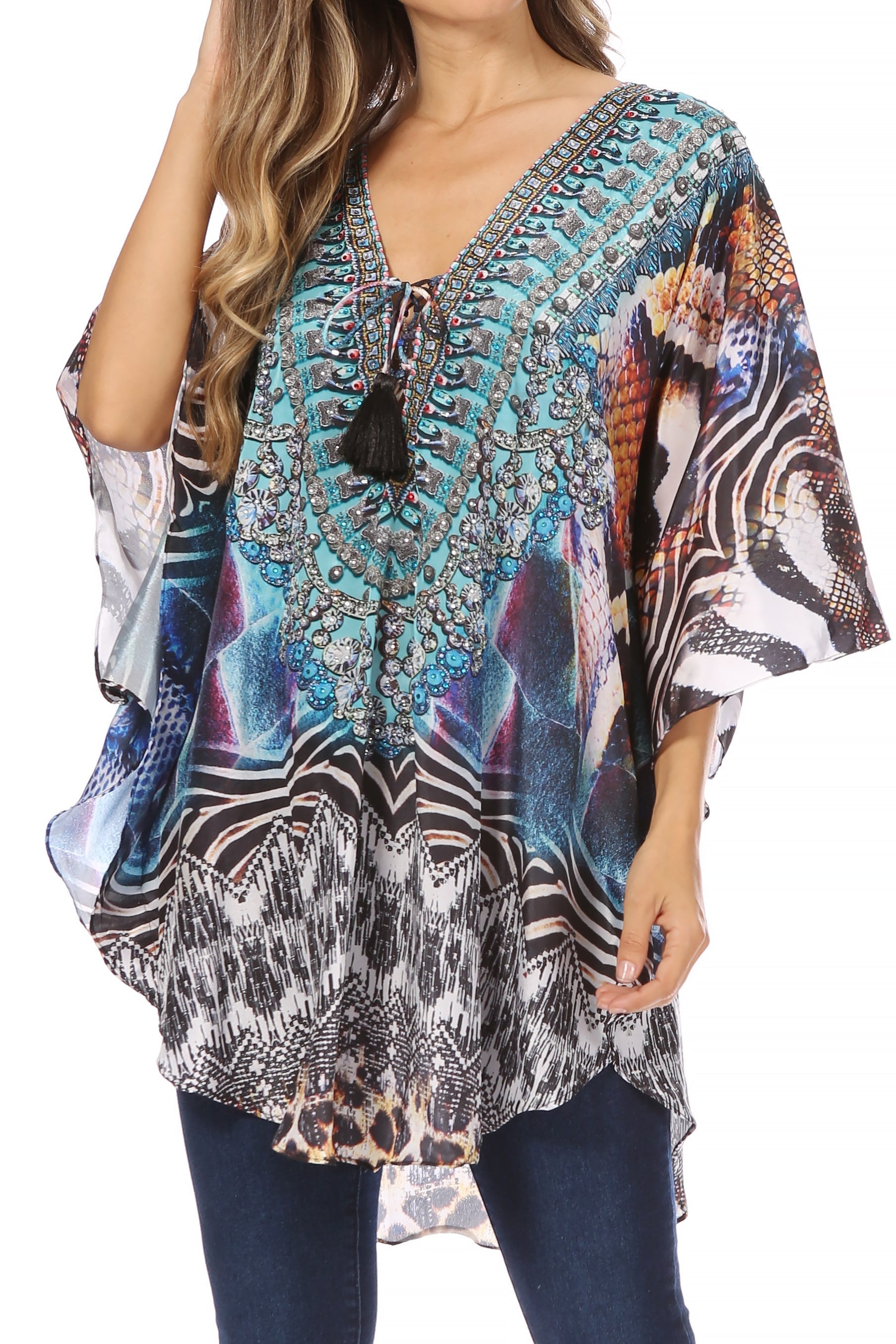 Sakkas - Tallulah Wide Circle Blouse V Neck Top With Tassle Ties And Rhinestones