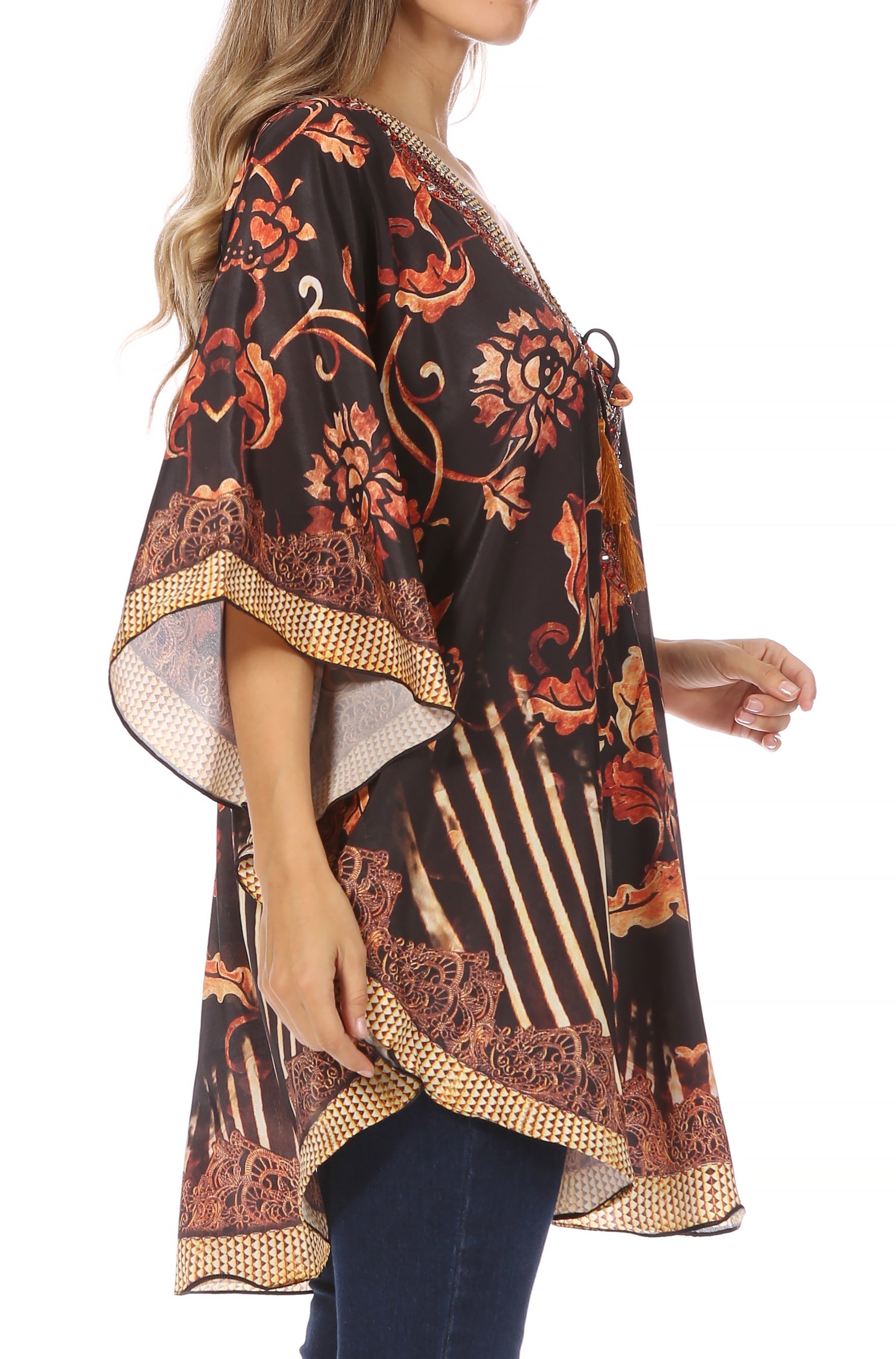 Sakkas - Tallulah Wide Circle Blouse V Neck Top With Tassle Ties And Rhinestones