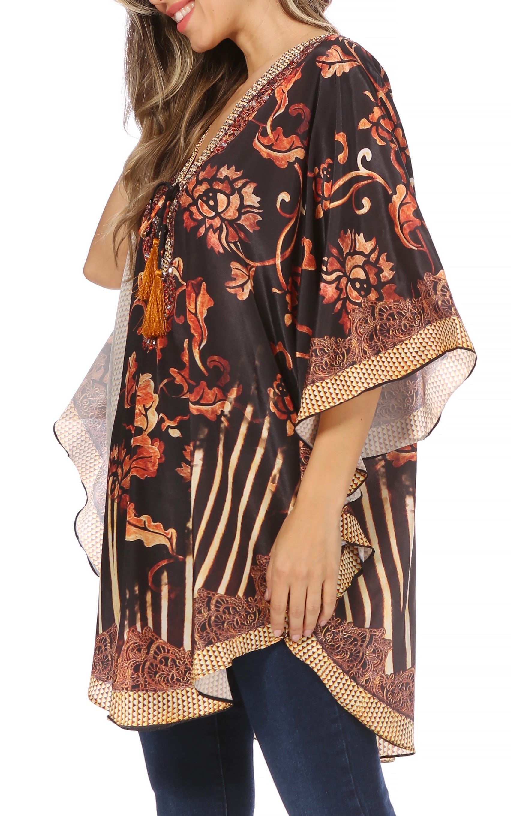 Sakkas - Tallulah Wide Circle Blouse V Neck Top With Tassle Ties And Rhinestones