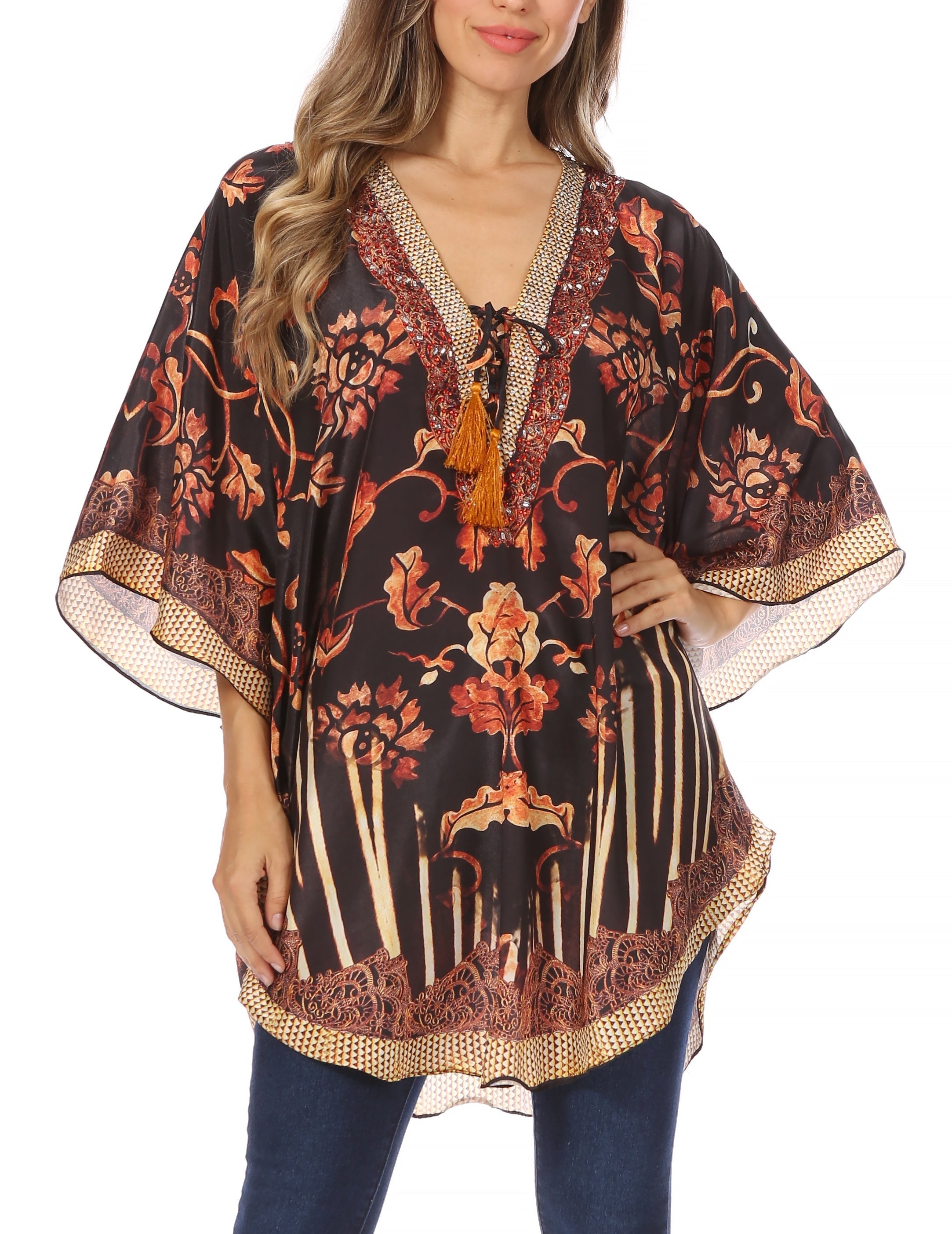 Sakkas - Tallulah Wide Circle Blouse V Neck Top With Tassle Ties And Rhinestones