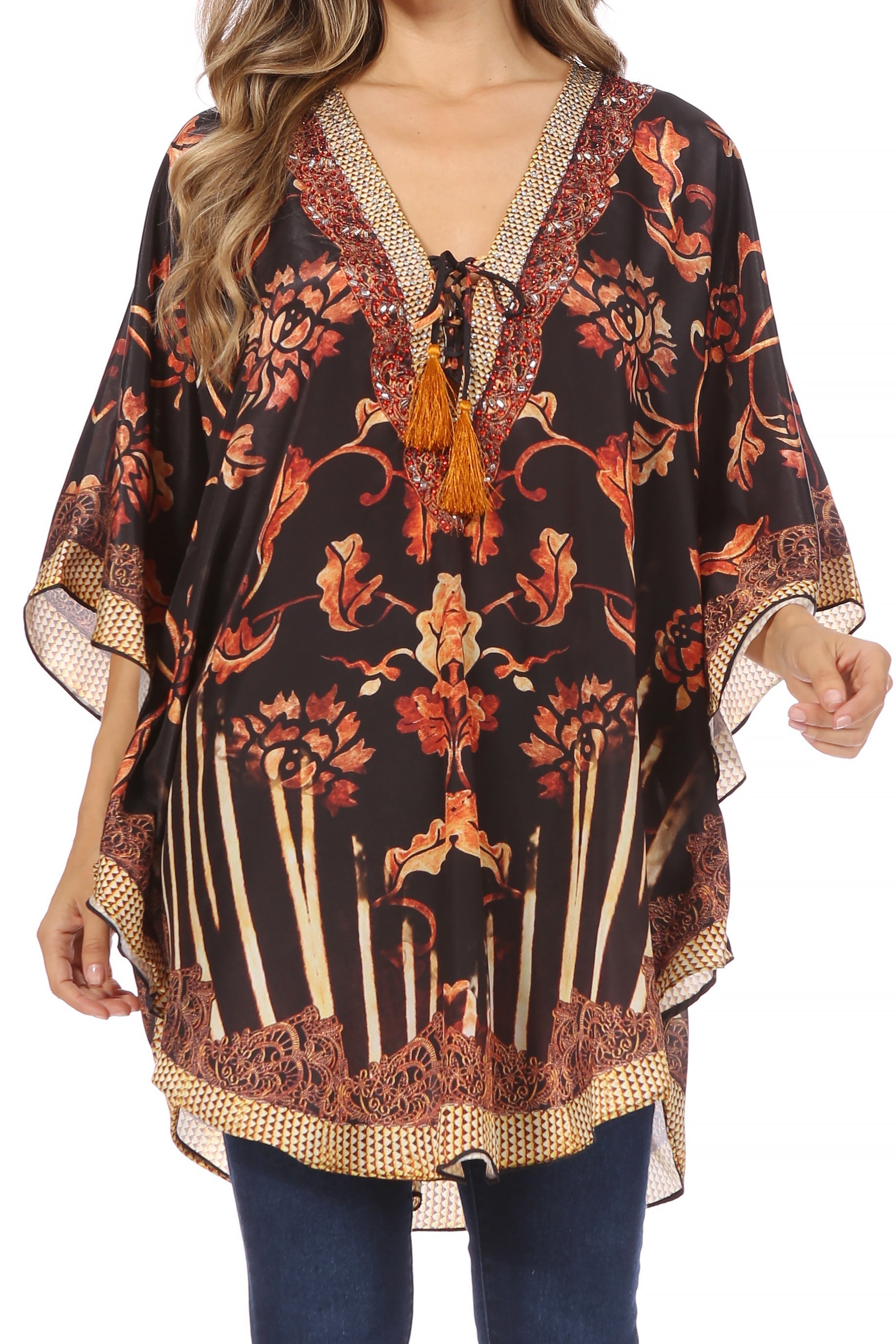 Sakkas - Tallulah Wide Circle Blouse V Neck Top With Tassle Ties And Rhinestones