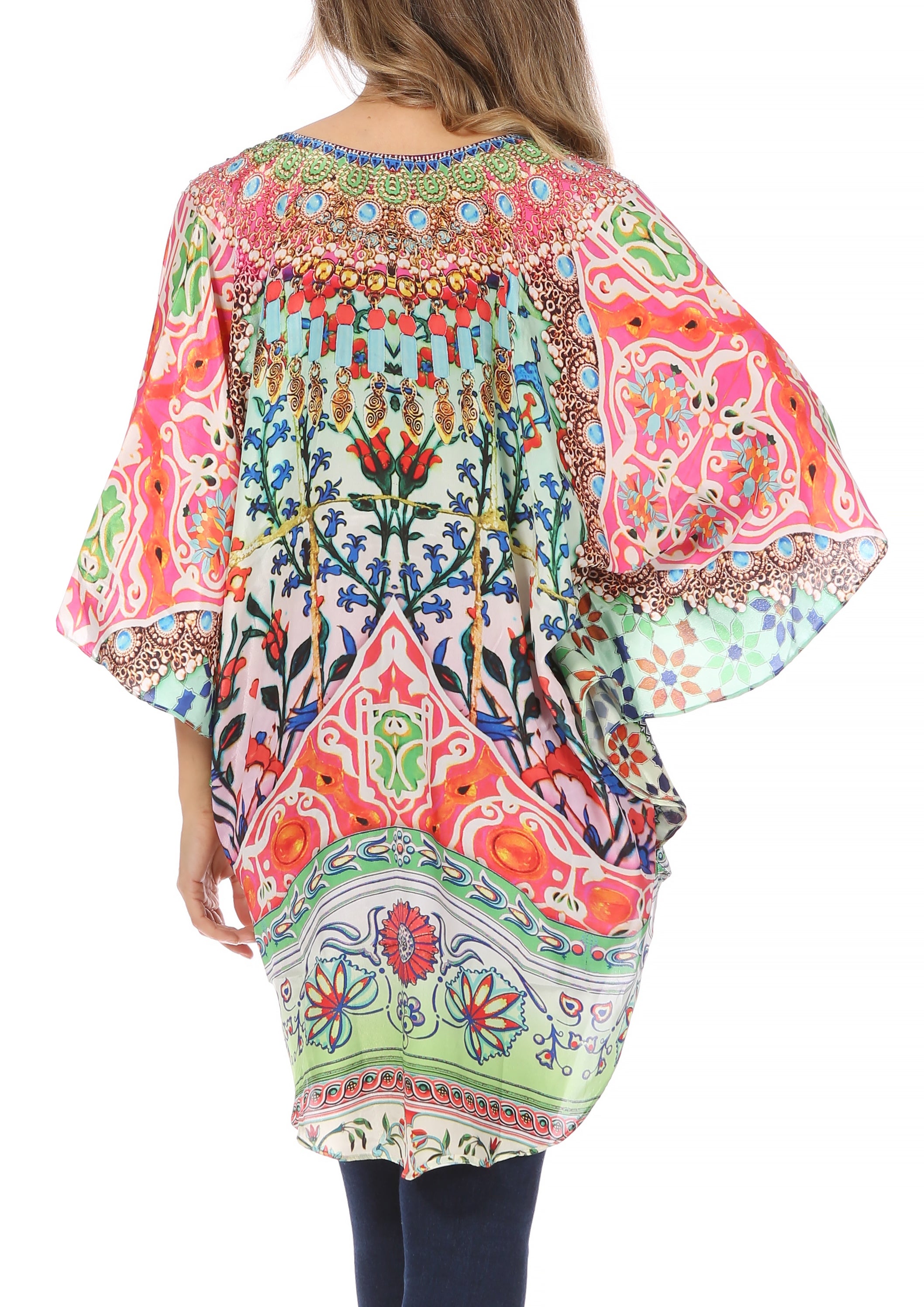 Sakkas - Tallulah Wide Circle Blouse V Neck Top With Tassle Ties And Rhinestones