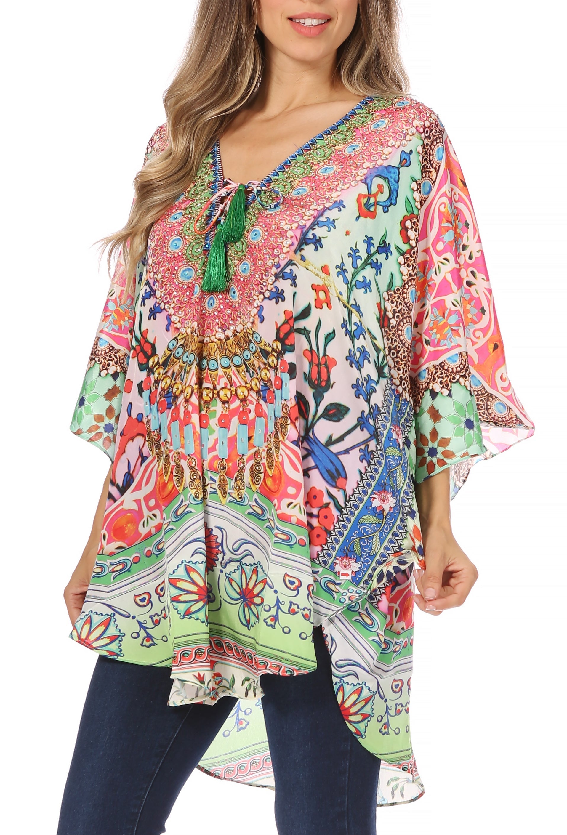 Sakkas - Tallulah Wide Circle Blouse V Neck Top With Tassle Ties And Rhinestones
