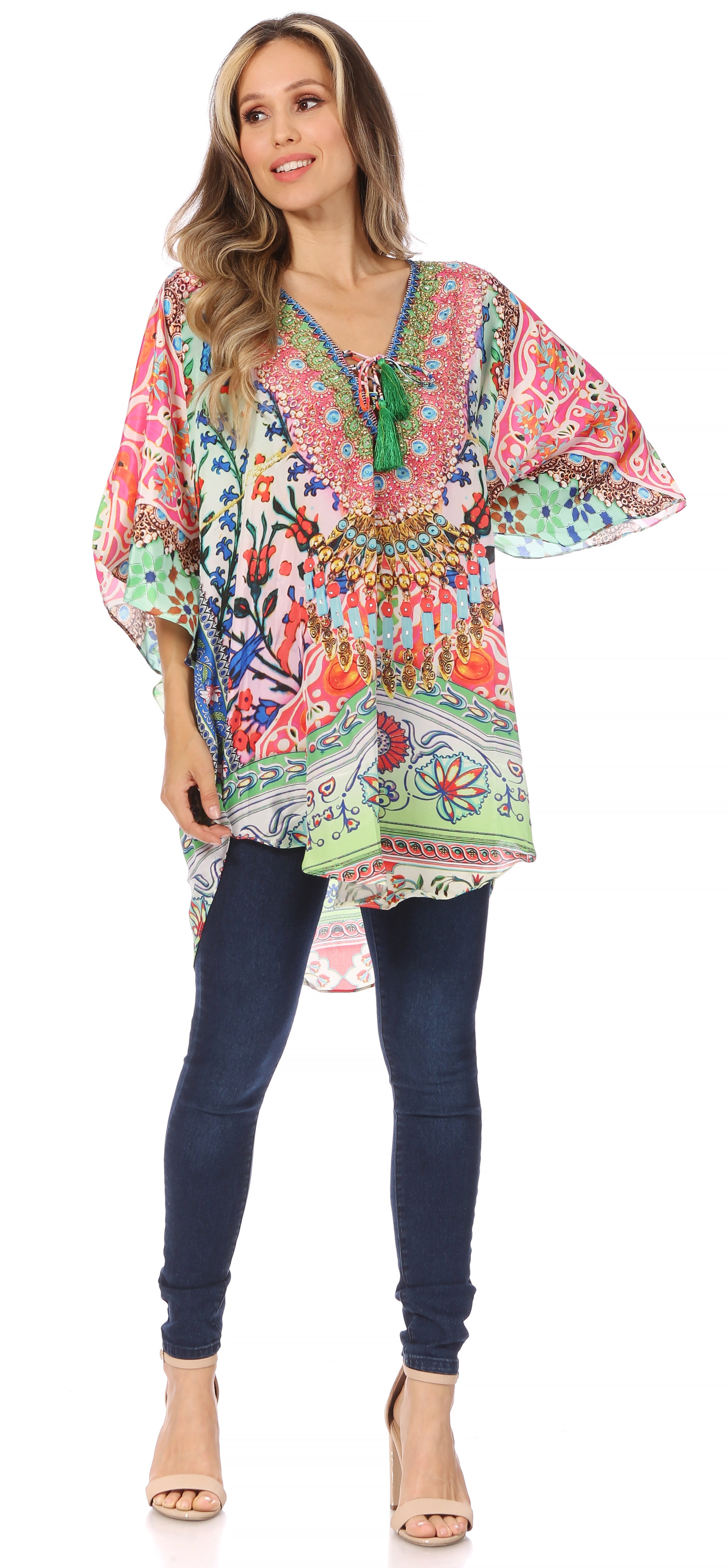 Sakkas - Tallulah Wide Circle Blouse V Neck Top With Tassle Ties And Rhinestones