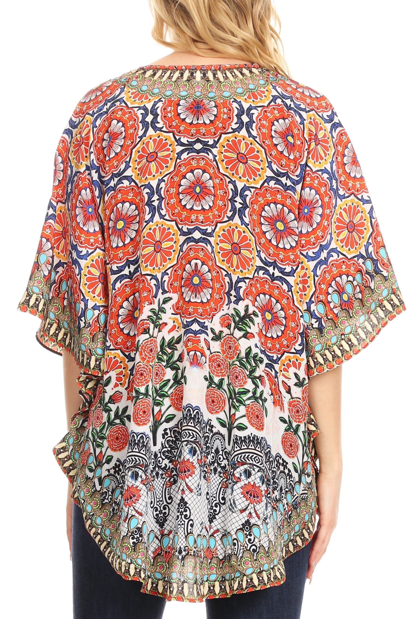 Sakkas - Tallulah Wide Circle Blouse V Neck Top With Tassle Ties And Rhinestones
