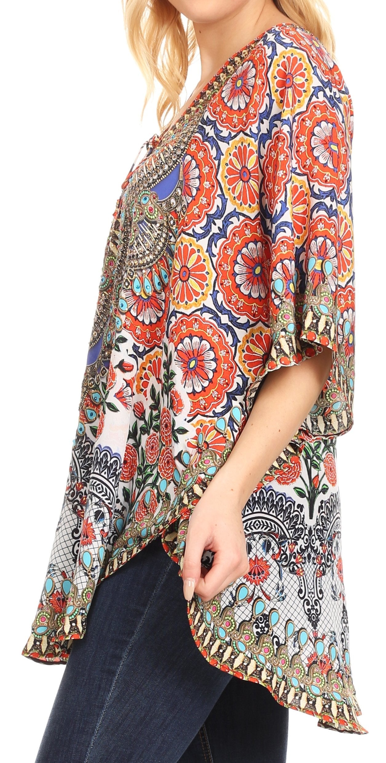Sakkas - Tallulah Wide Circle Blouse V Neck Top With Tassle Ties And Rhinestones