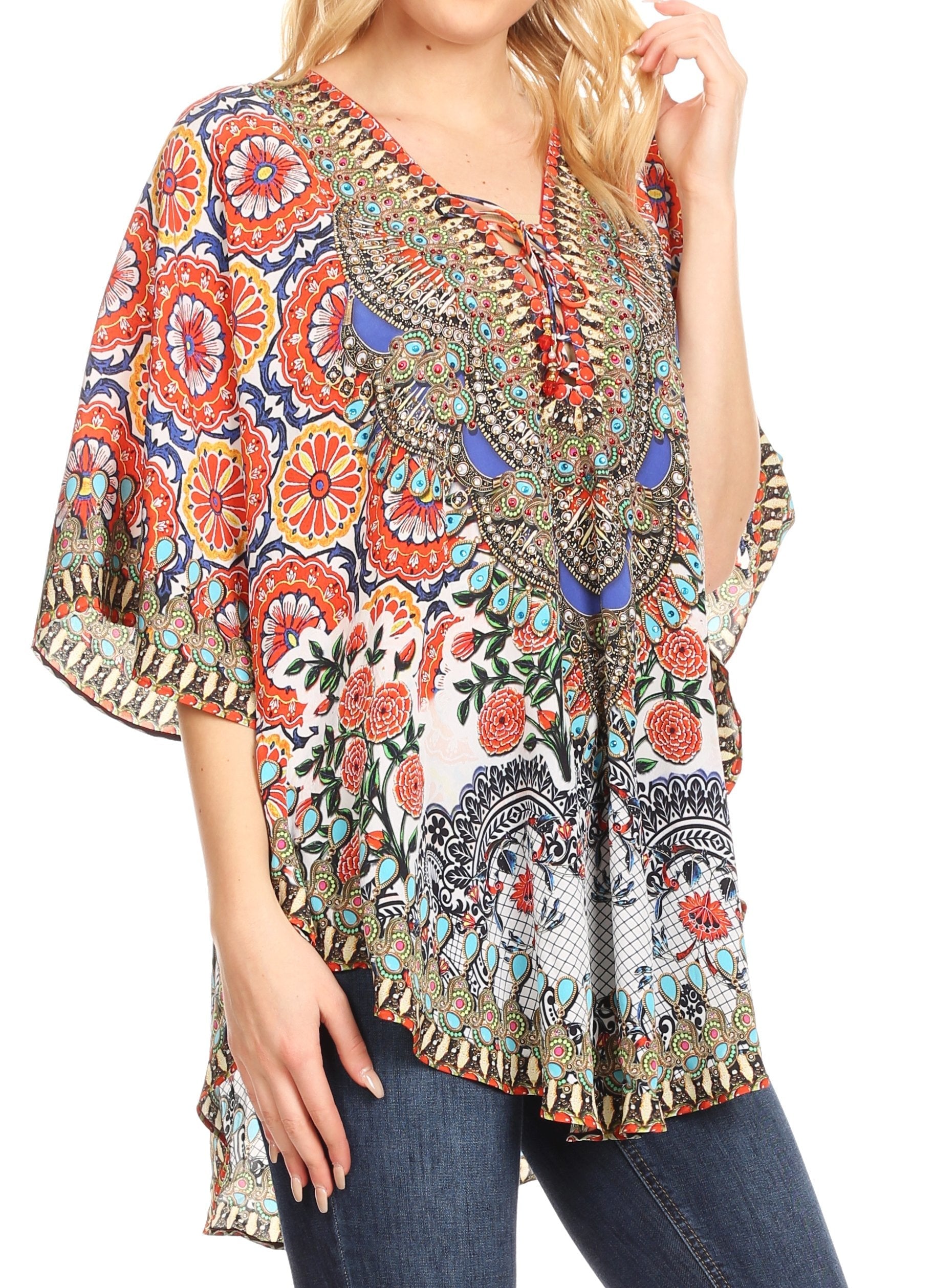 Sakkas - Tallulah Wide Circle Blouse V Neck Top With Tassle Ties And Rhinestones