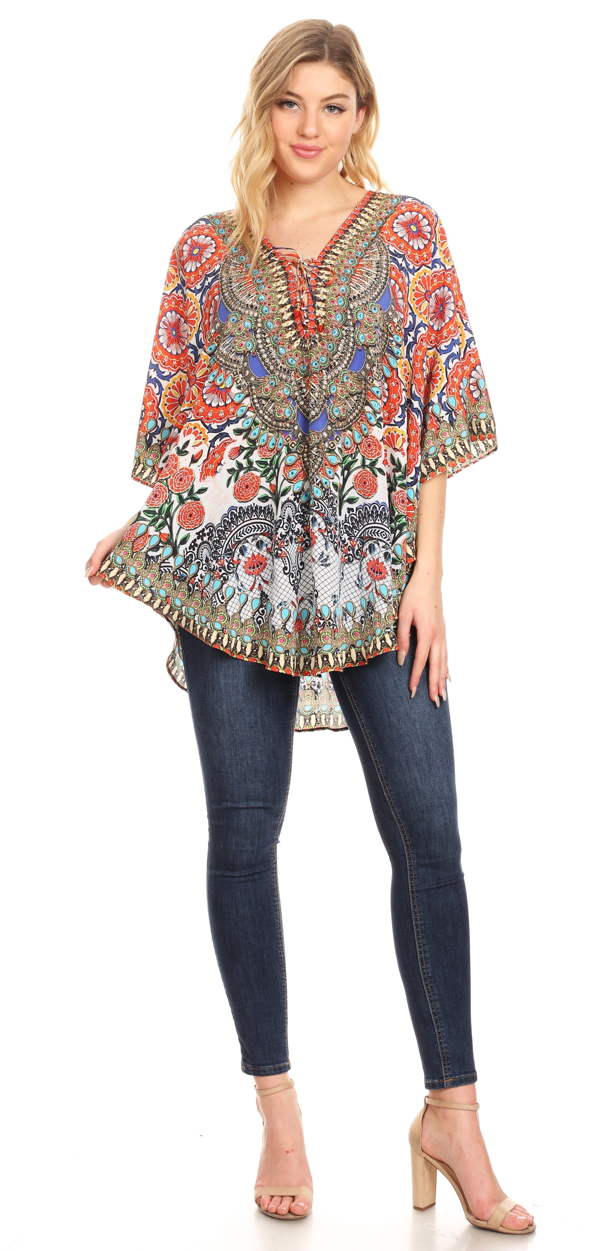 Sakkas - Tallulah Wide Circle Blouse V Neck Top With Tassle Ties And Rhinestones
