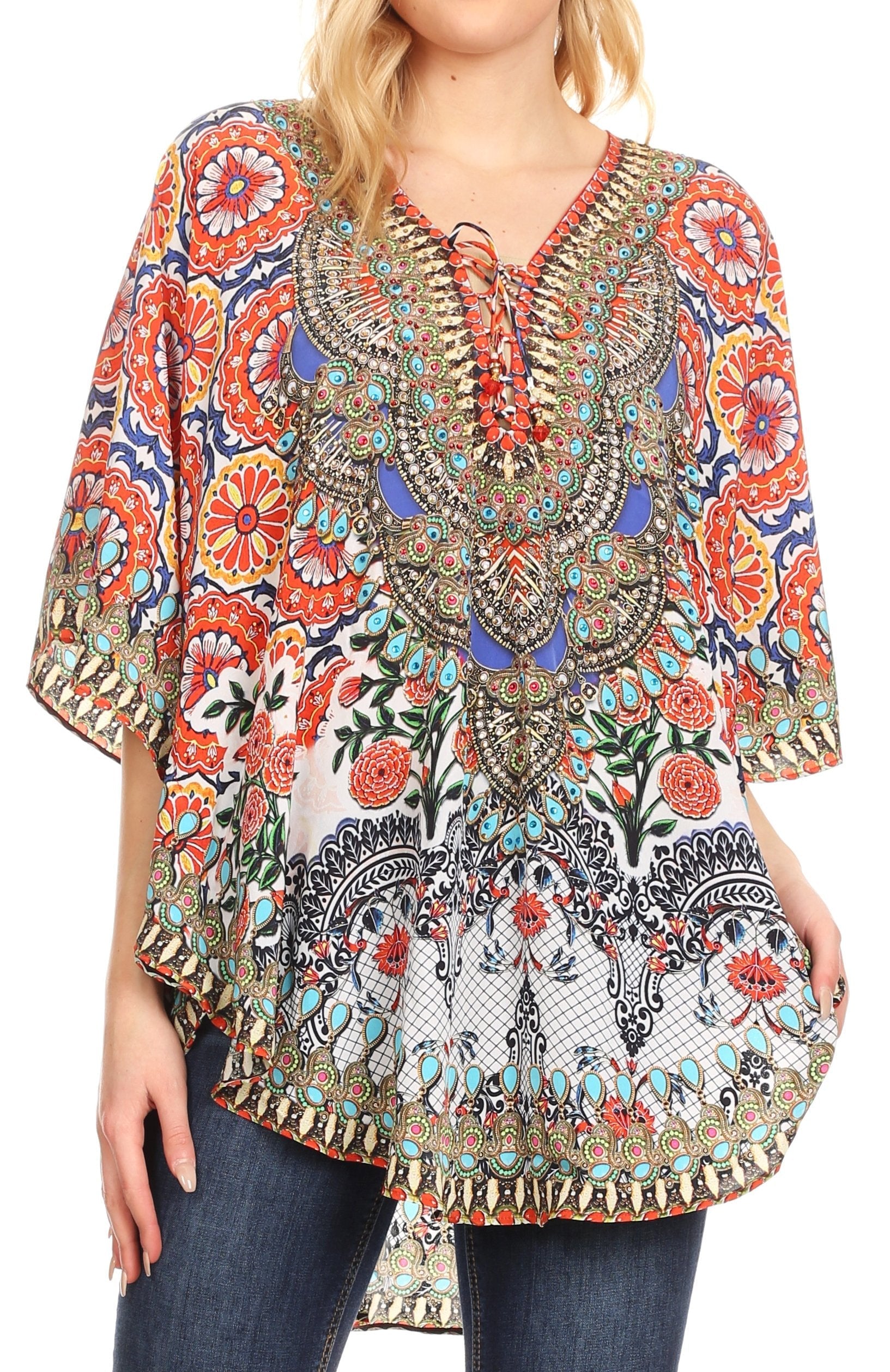 Sakkas - Tallulah Wide Circle Blouse V Neck Top With Tassle Ties And Rhinestones