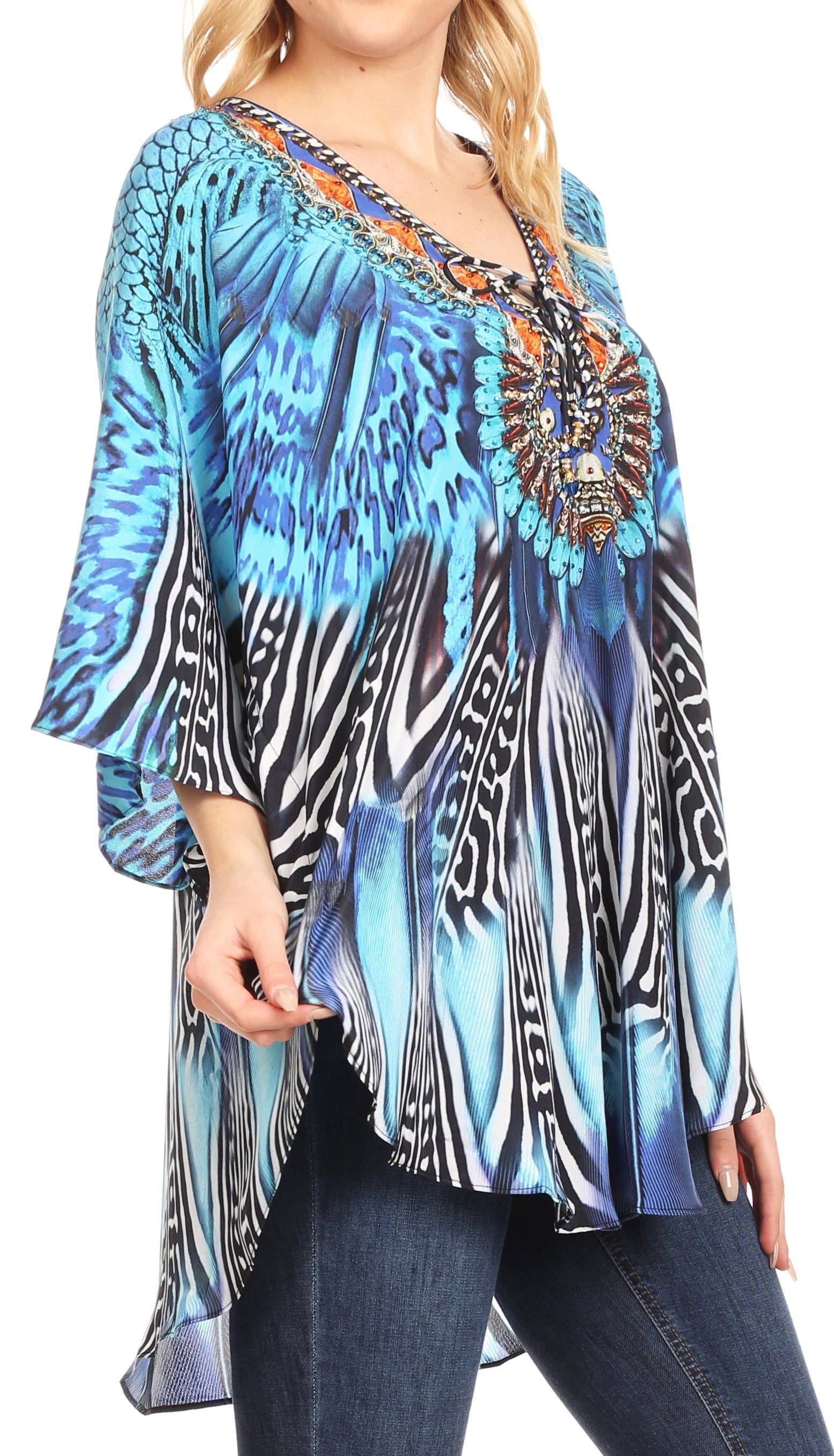 Sakkas - Tallulah Wide Circle Blouse V Neck Top With Tassle Ties And Rhinestones
