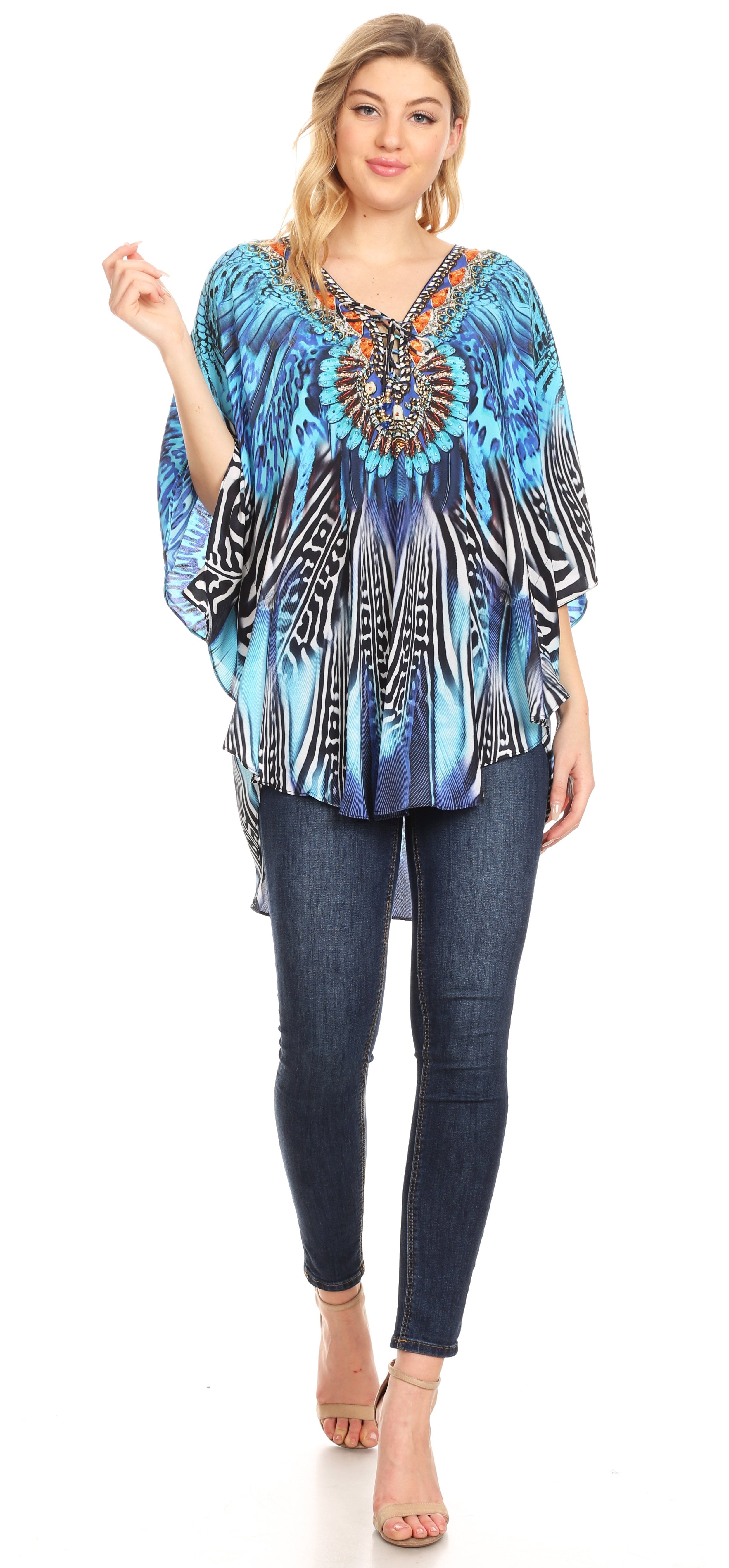 Sakkas - Tallulah Wide Circle Blouse V Neck Top With Tassle Ties And Rhinestones