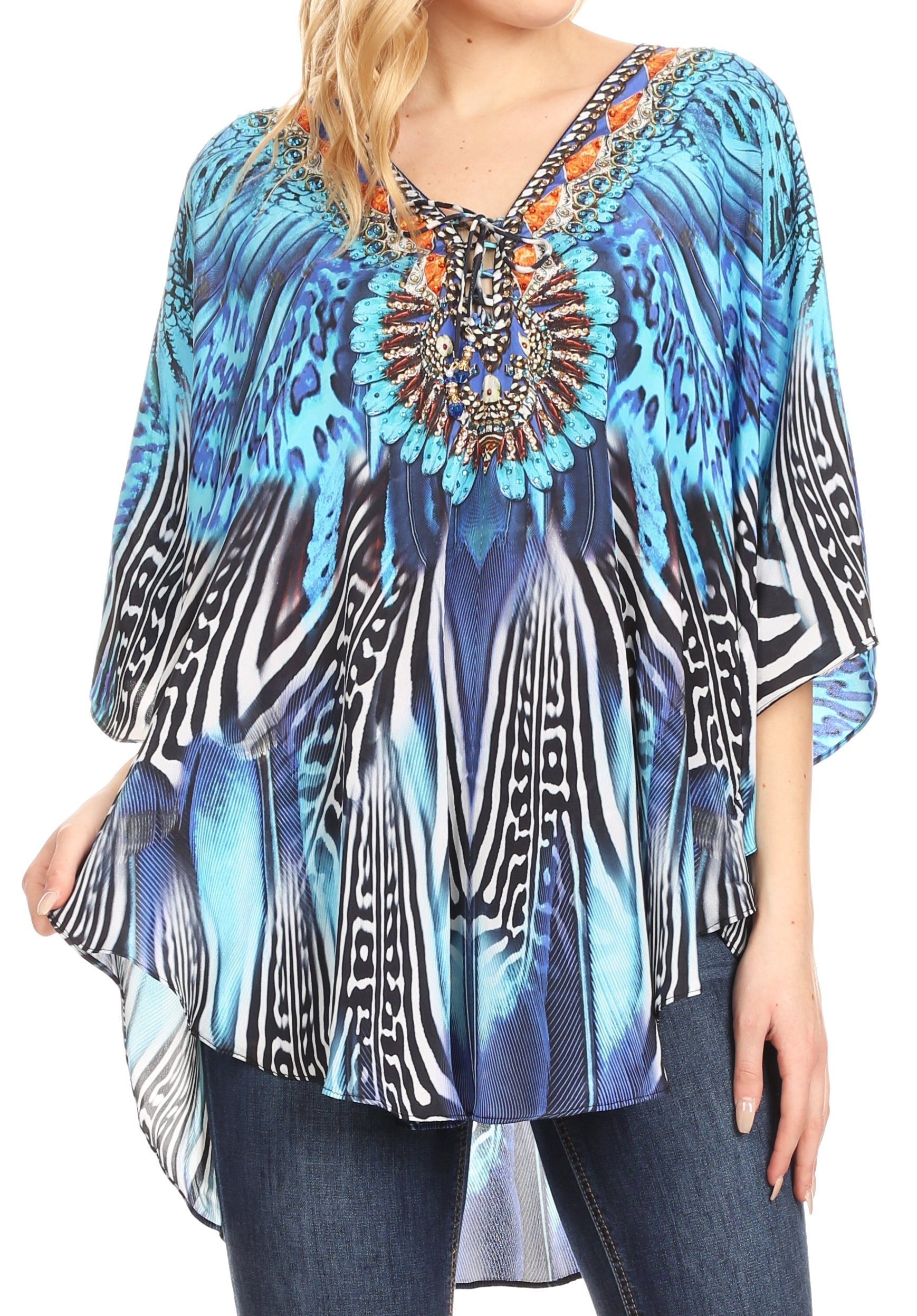 Sakkas - Tallulah Wide Circle Blouse V Neck Top With Tassle Ties And Rhinestones