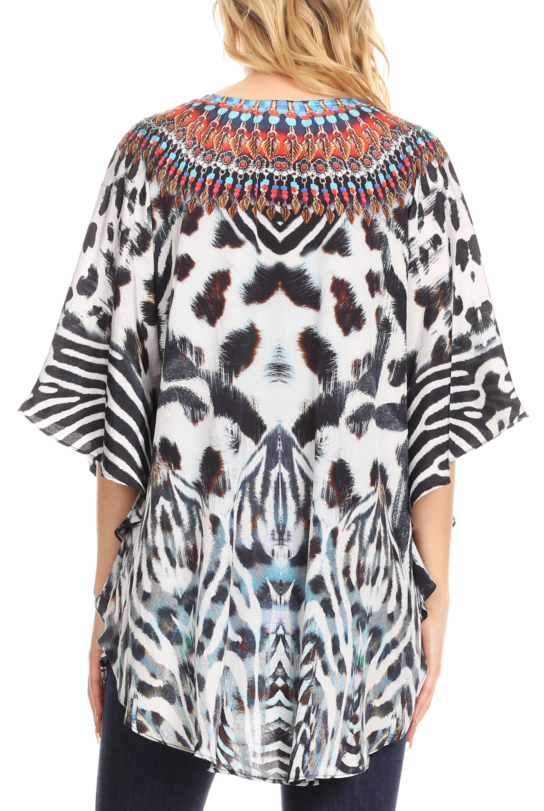 Sakkas - Tallulah Wide Circle Blouse V Neck Top With Tassle Ties And Rhinestones