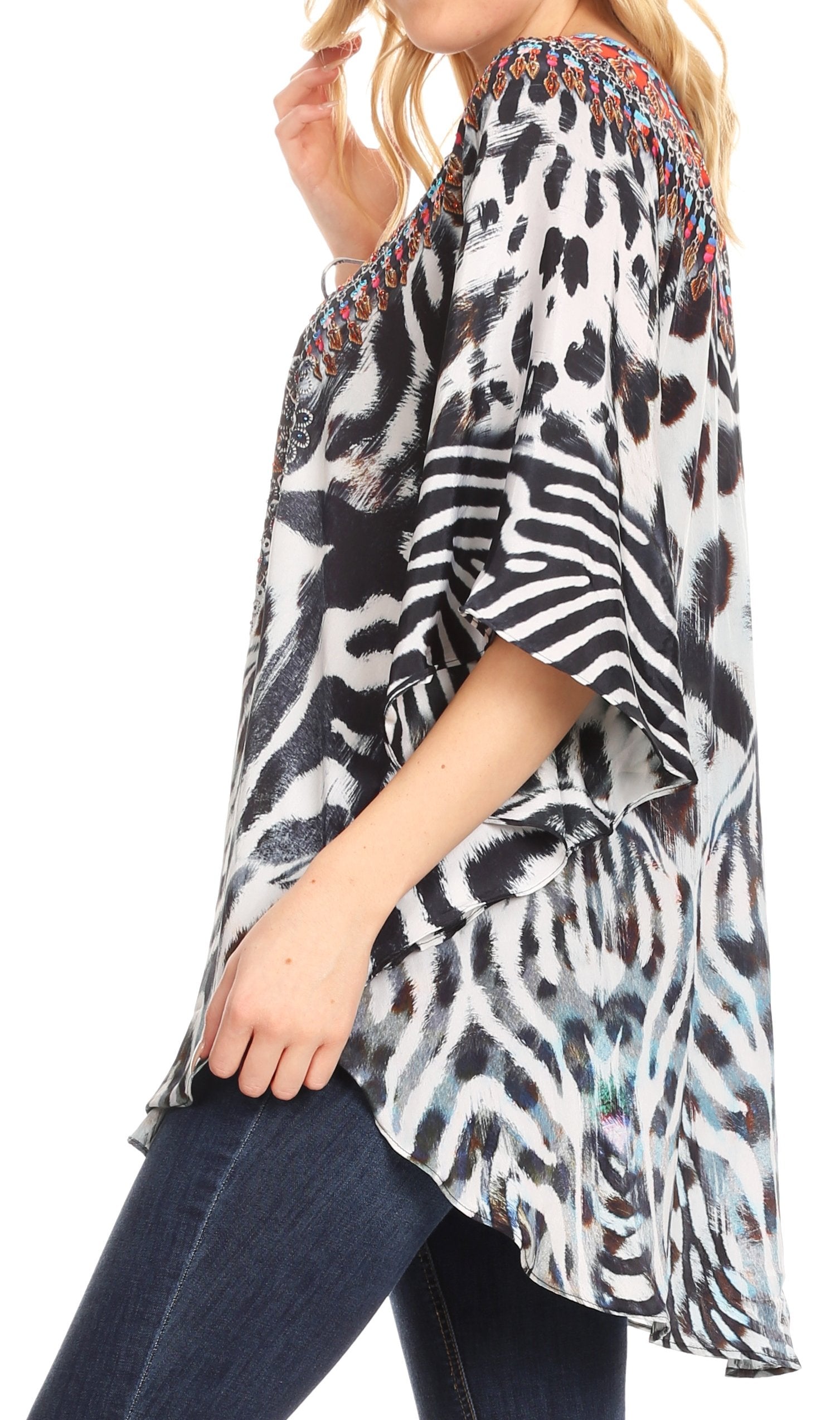 Sakkas - Tallulah Wide Circle Blouse V Neck Top With Tassle Ties And Rhinestones