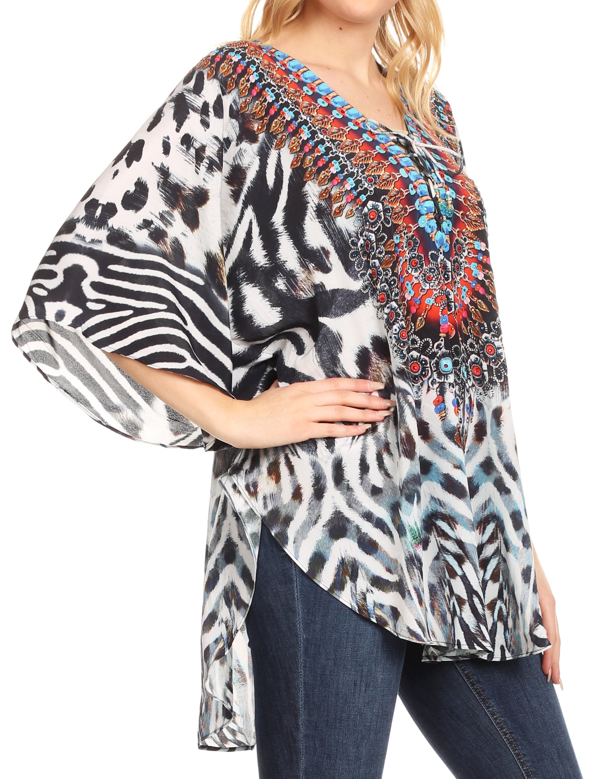 Sakkas - Tallulah Wide Circle Blouse V Neck Top With Tassle Ties And Rhinestones