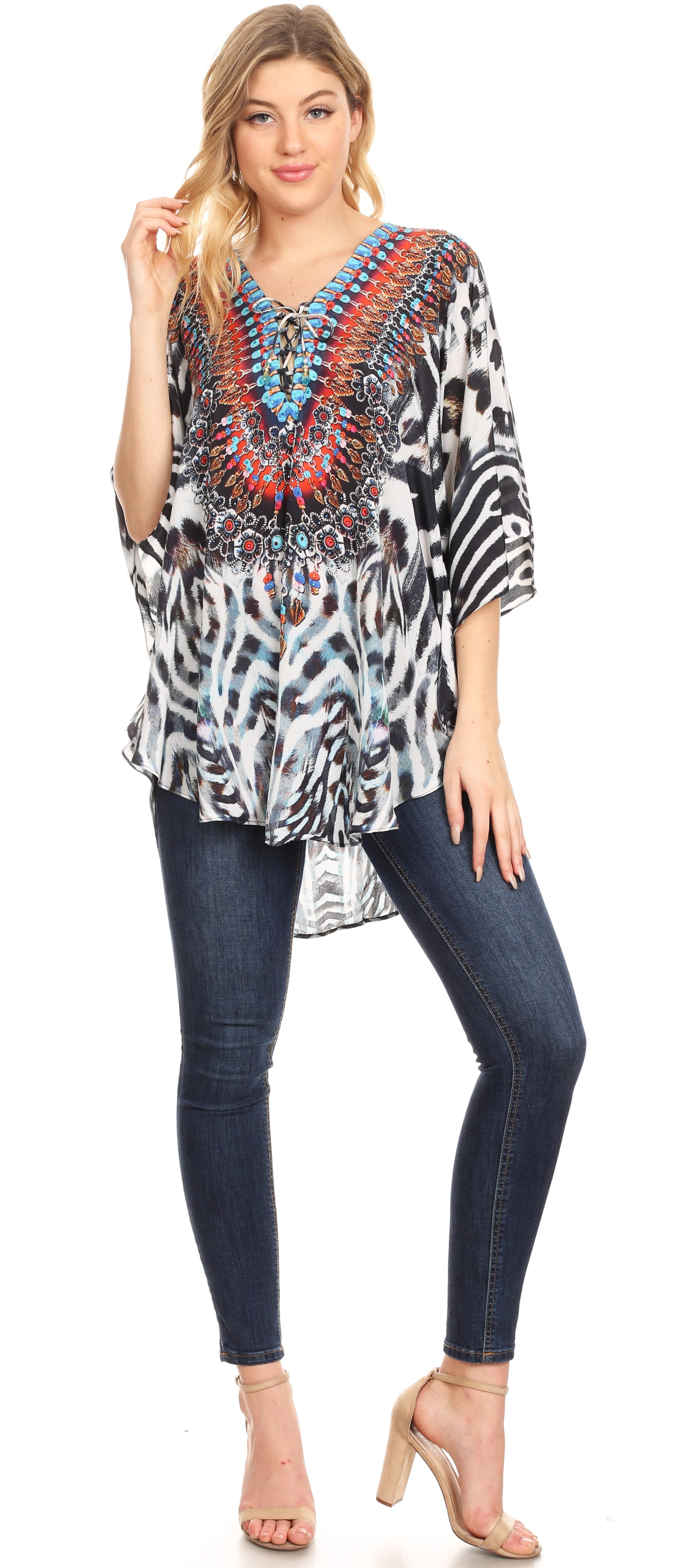 Sakkas - Tallulah Wide Circle Blouse V Neck Top With Tassle Ties And Rhinestones