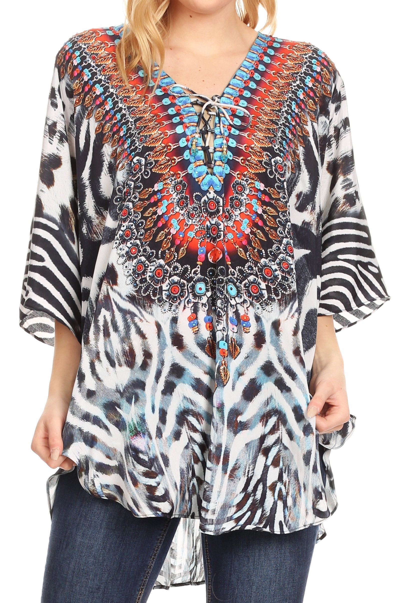 Sakkas - Tallulah Wide Circle Blouse V Neck Top With Tassle Ties And Rhinestones