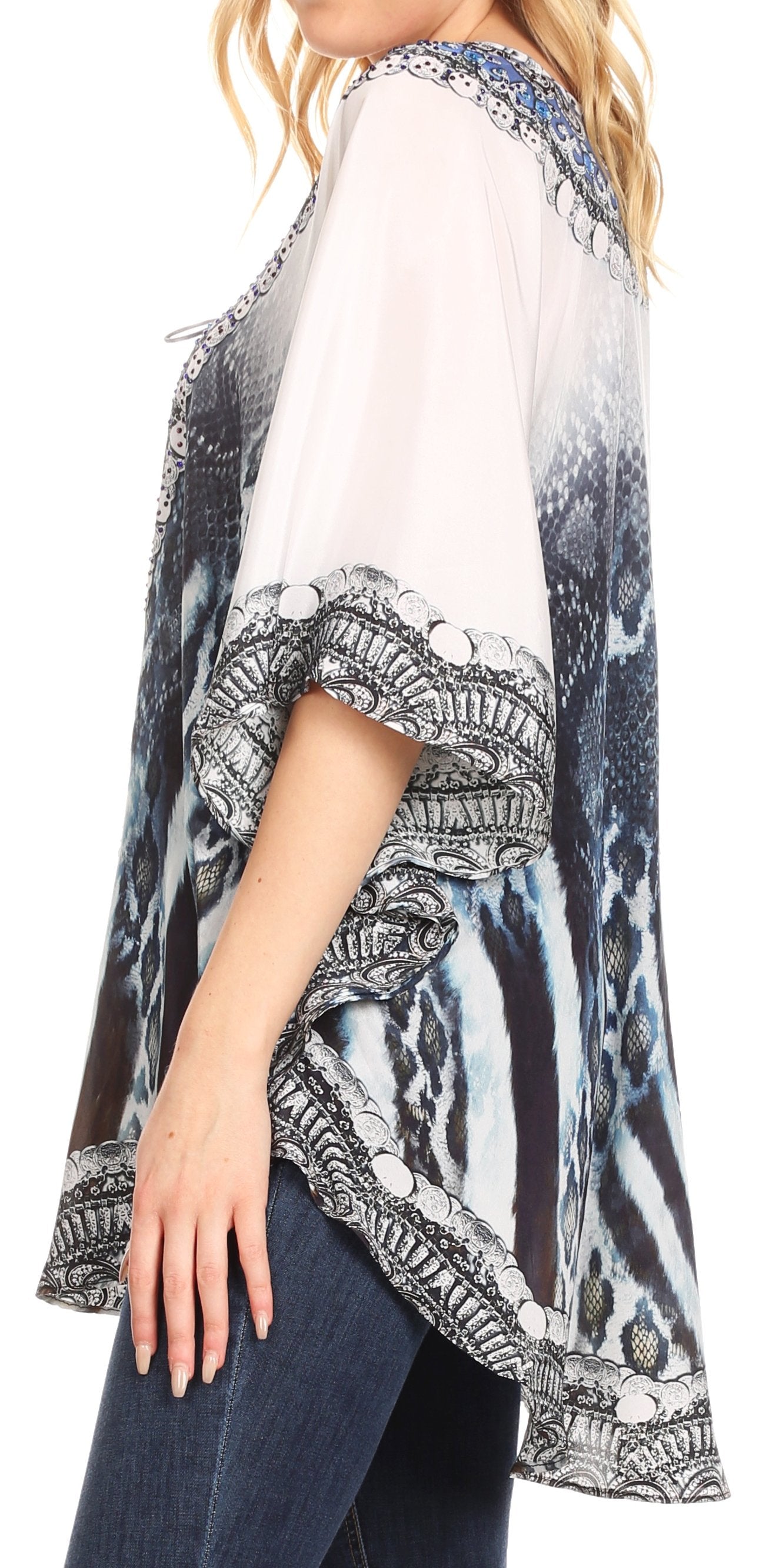Sakkas - Tallulah Wide Circle Blouse V Neck Top With Tassle Ties And Rhinestones