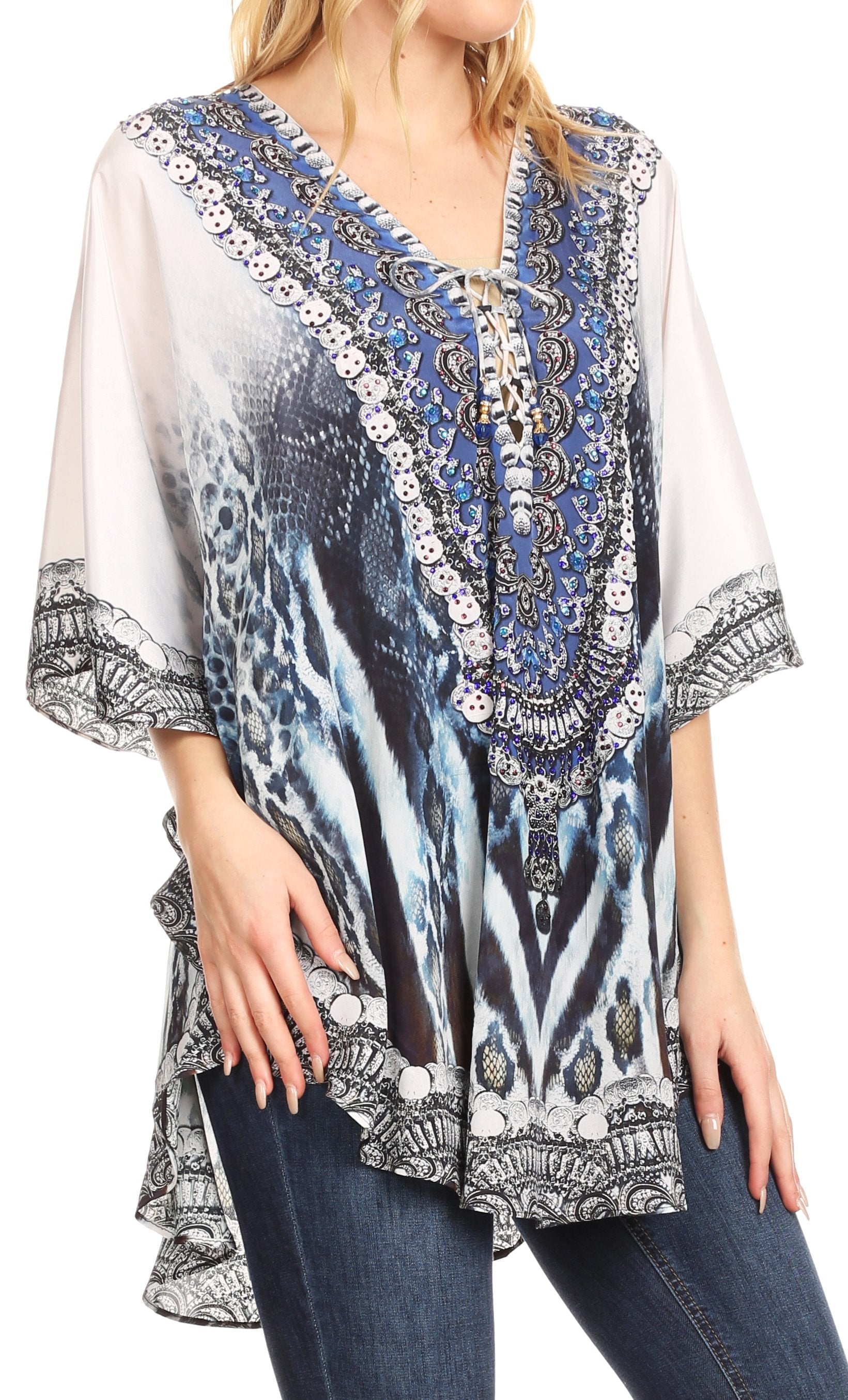 Sakkas - Tallulah Wide Circle Blouse V Neck Top With Tassle Ties And Rhinestones