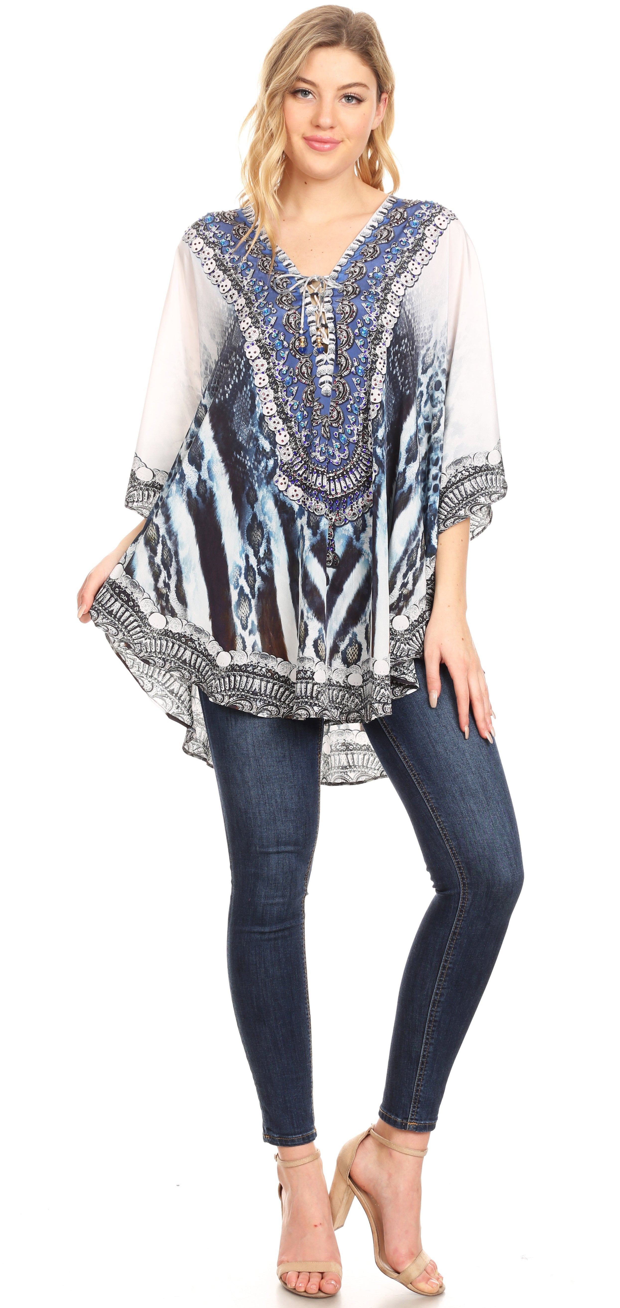Sakkas - Tallulah Wide Circle Blouse V Neck Top With Tassle Ties And Rhinestones
