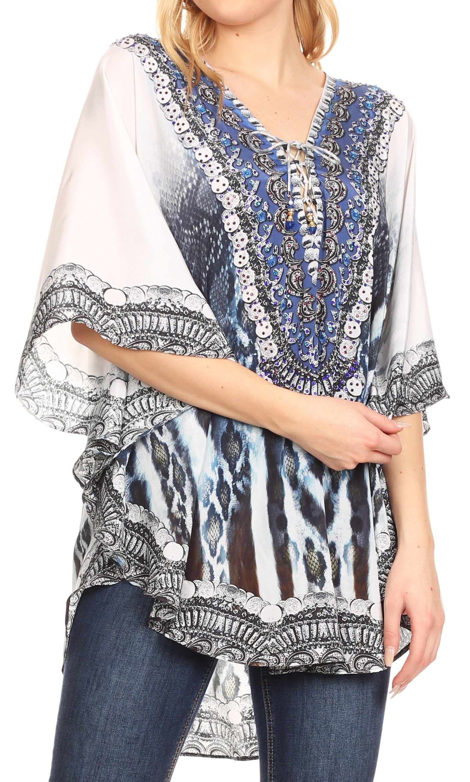 Sakkas - Tallulah Wide Circle Blouse V Neck Top With Tassle Ties And Rhinestones