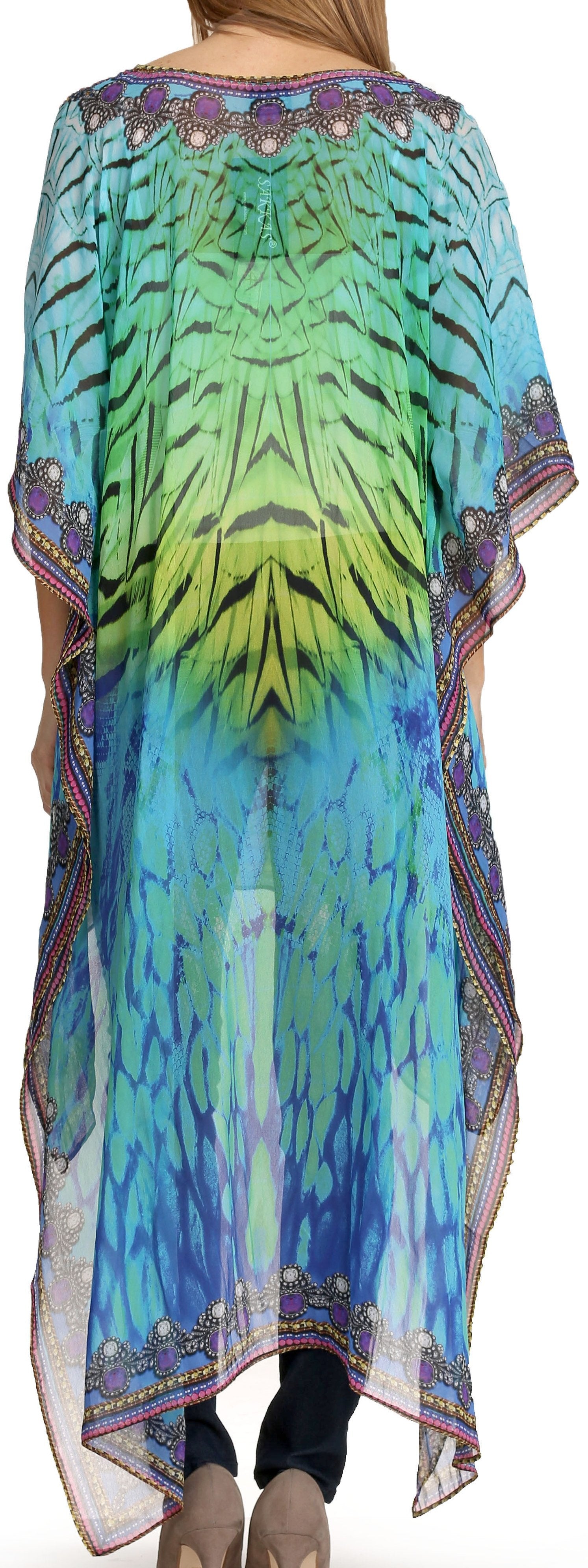 Colorful patterned dress with a gradient design on a white background