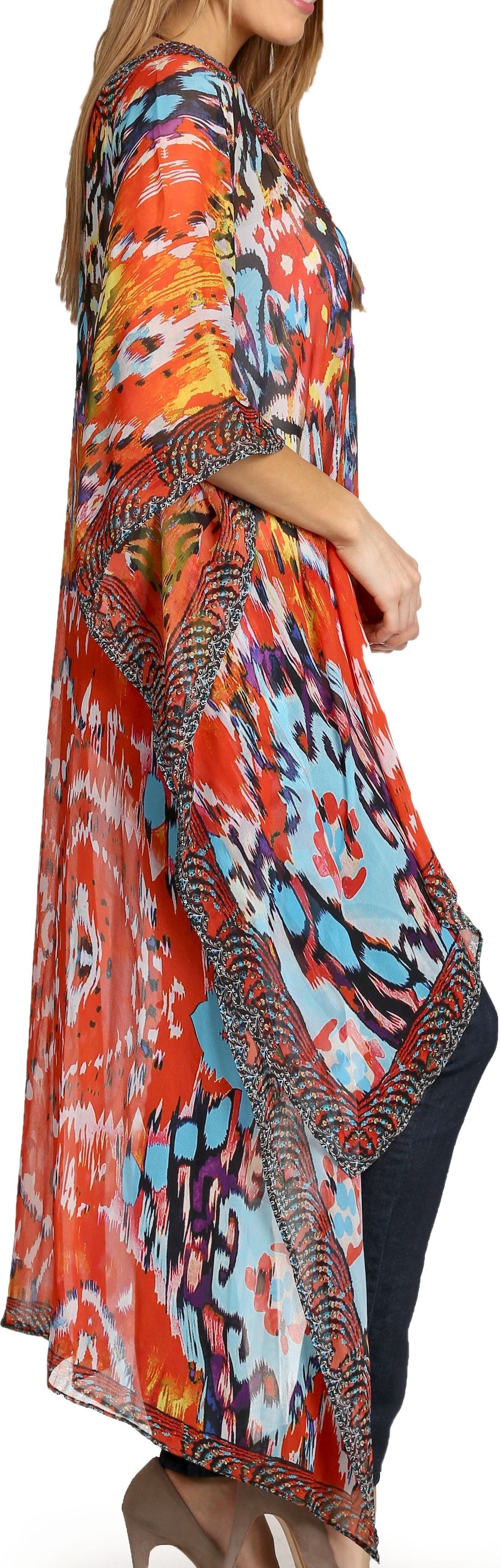 Colorful patterned dress with a model wearing it, on a white background