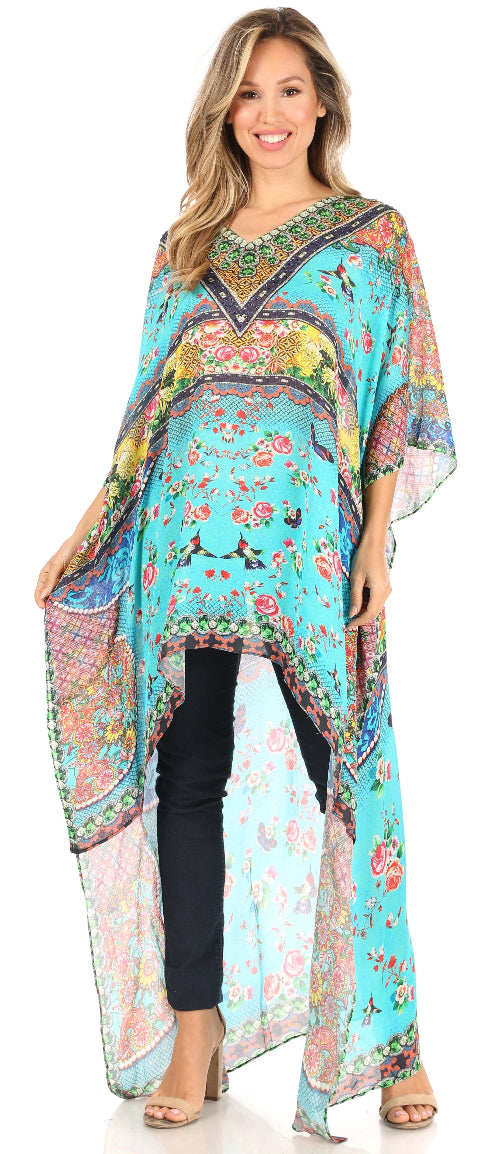 Woman wearing a colorful floral kimono-style garment on a white background