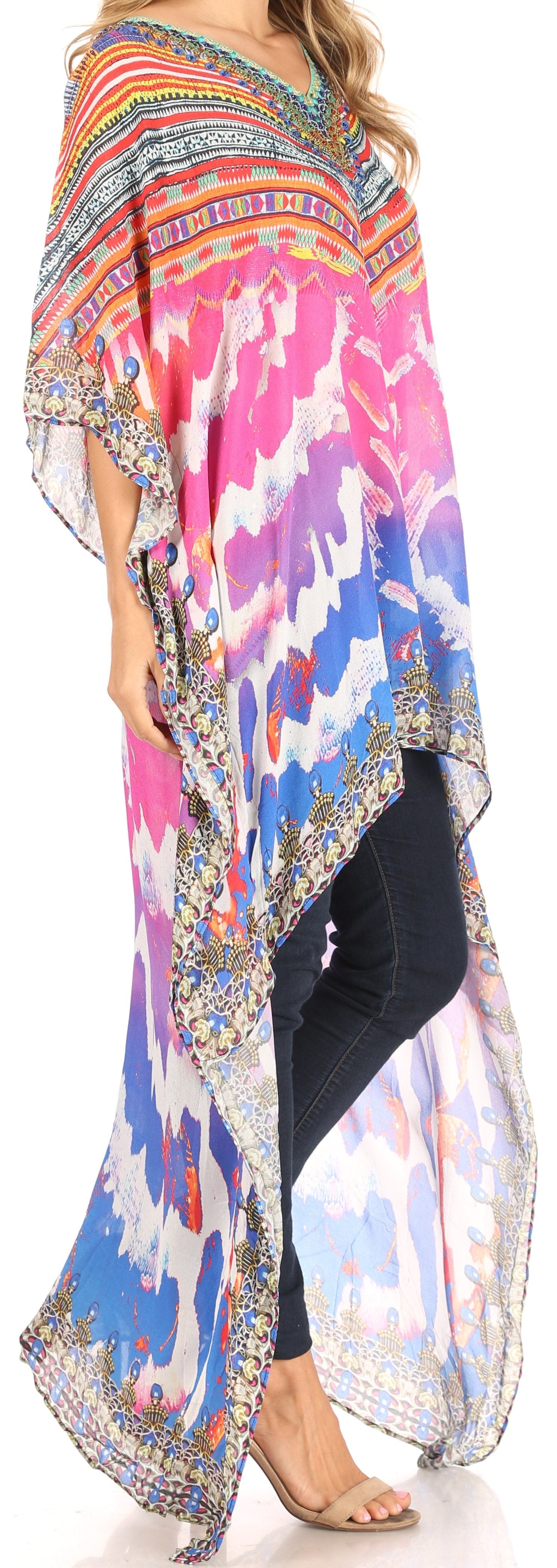 Colorful patterned dress with a long, flowing design.