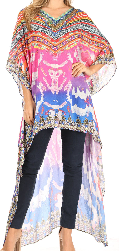 Colorful patterned top over black leggings on a white background