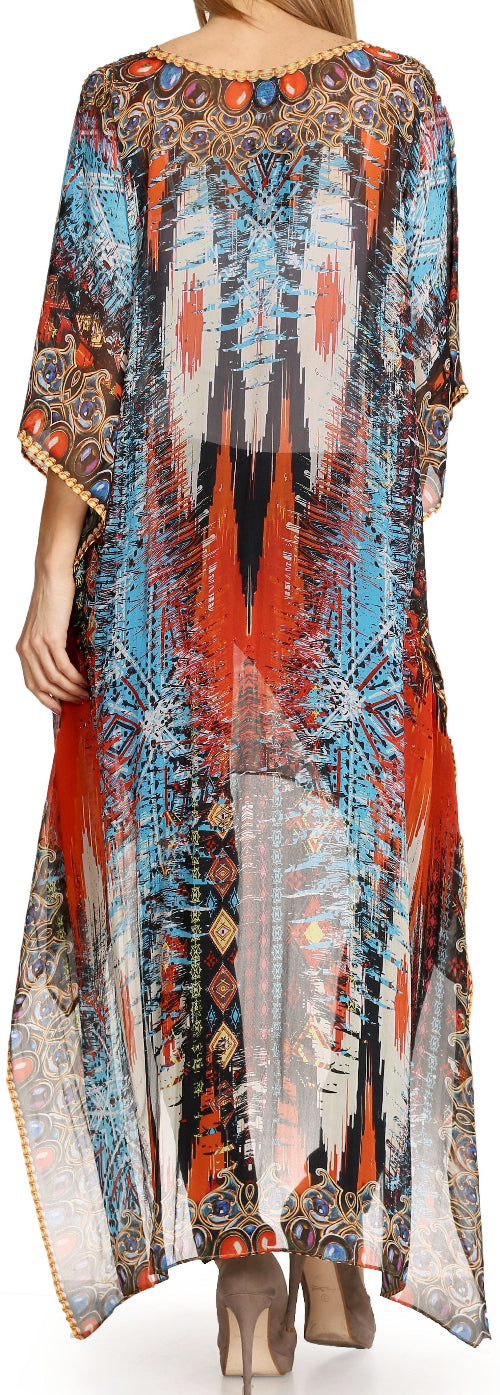 Long, patterned dress with a colorful design on a white background