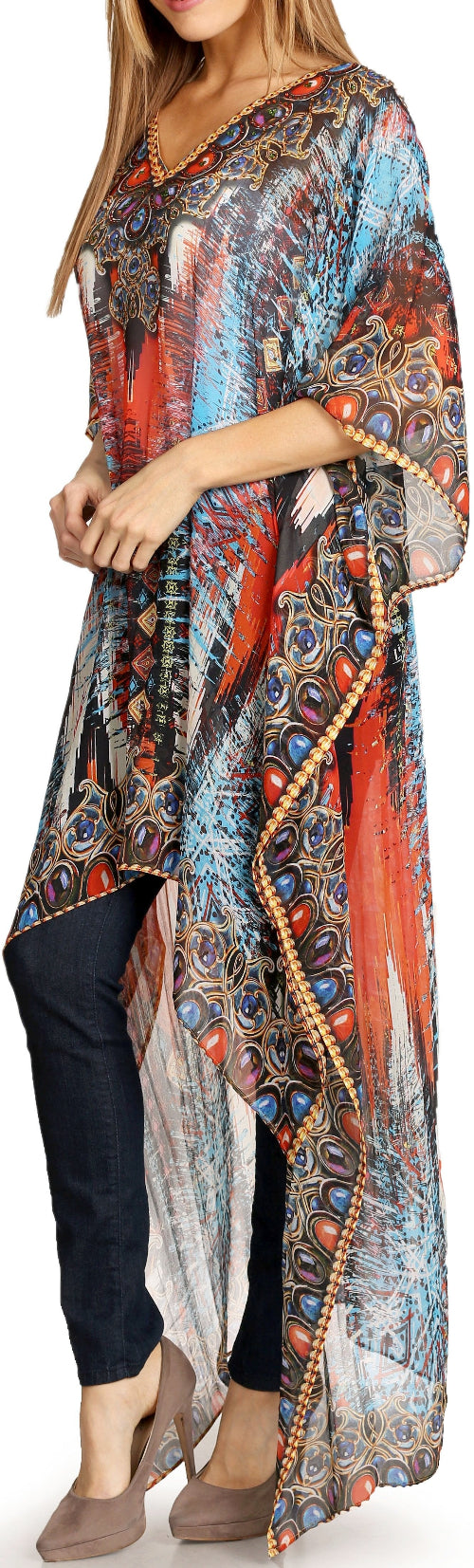 Woman wearing a colorful patterned dress with long sleeves and a high-low hem.