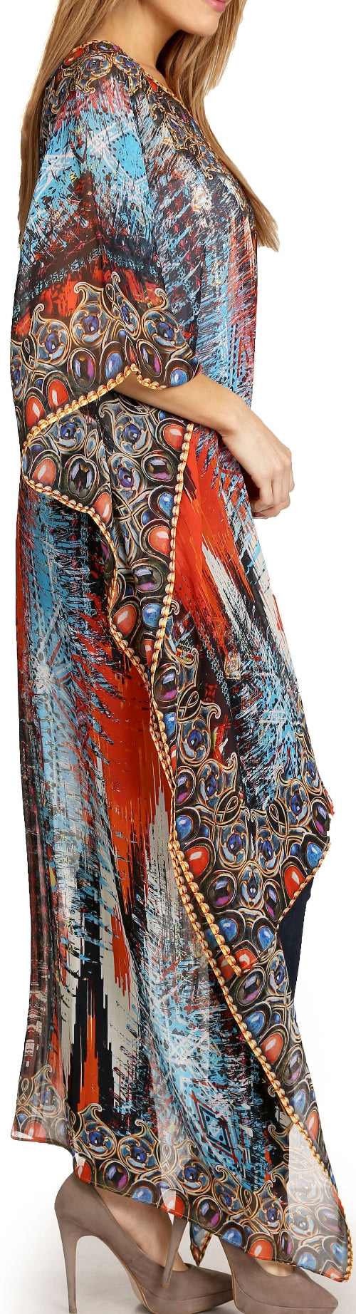Long, patterned dress with a colorful design on a white background