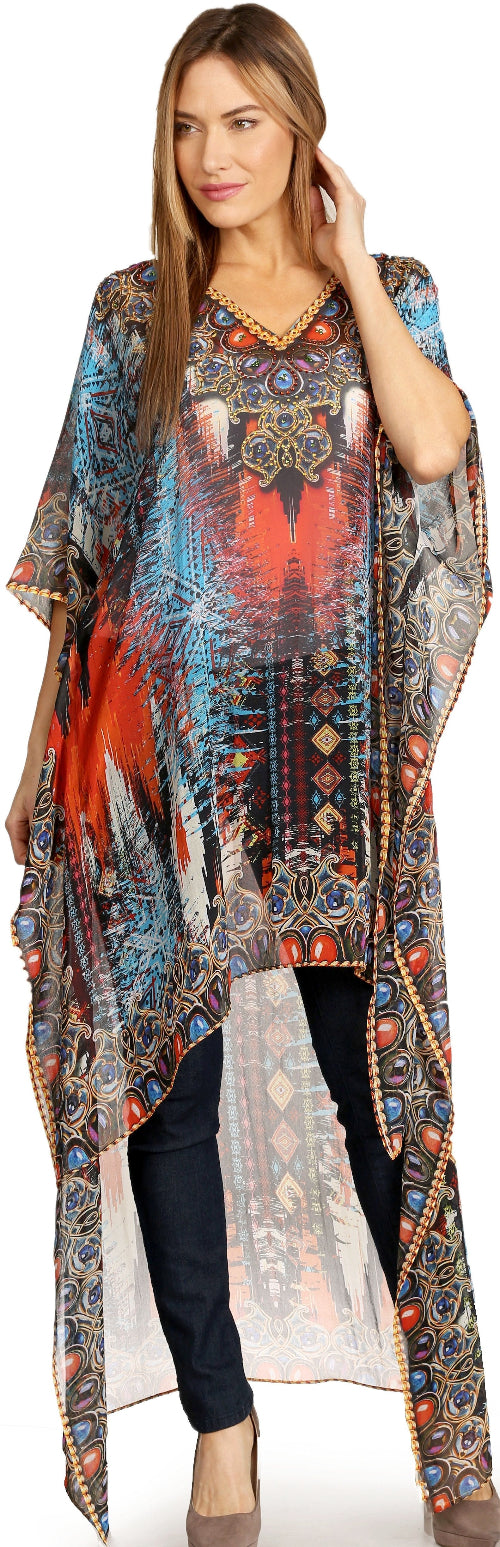 Woman wearing a colorful patterned kimono-style garment on a white background