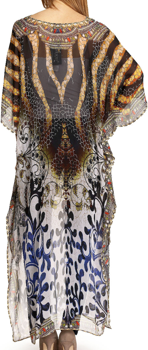 Long, patterned dress with a mix of colors and designs on a plain background