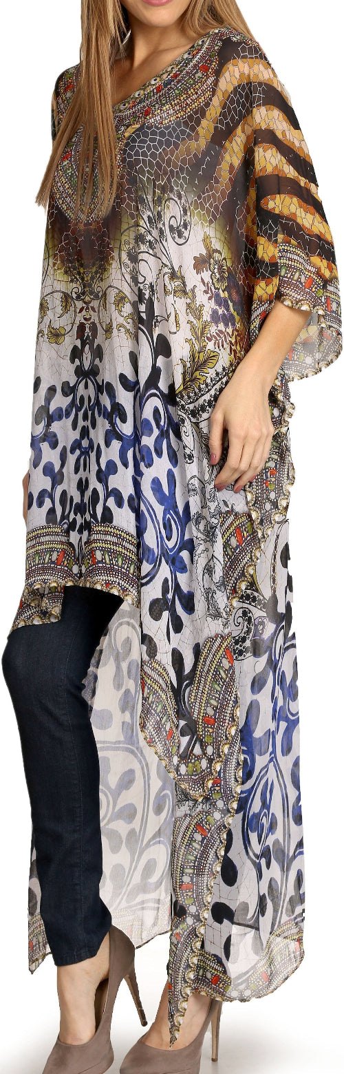 Long, patterned dress with a woman wearing it on a white background