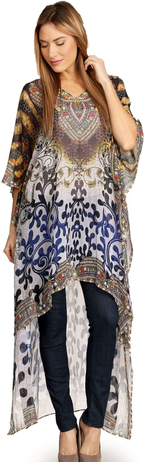 Woman wearing a long, patterned kimono-style garment over a black outfit on a white background