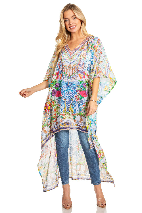 Woman wearing a colorful floral dress with a white background