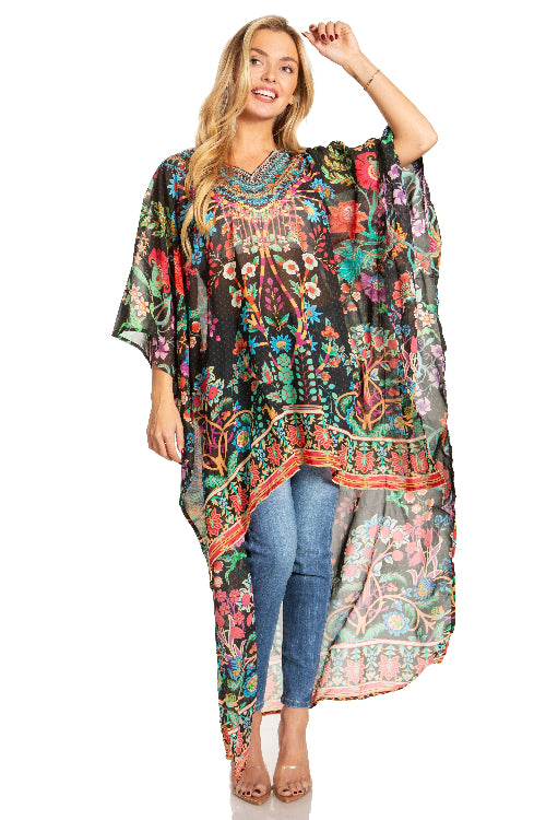 Woman wearing a colorful floral kimono-style garment on a white background