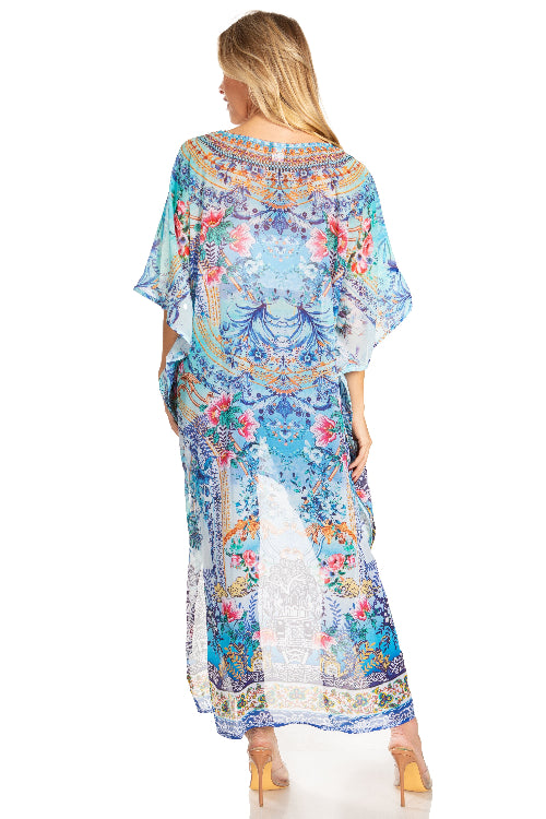 Woman wearing a colorful patterned dress on a white background